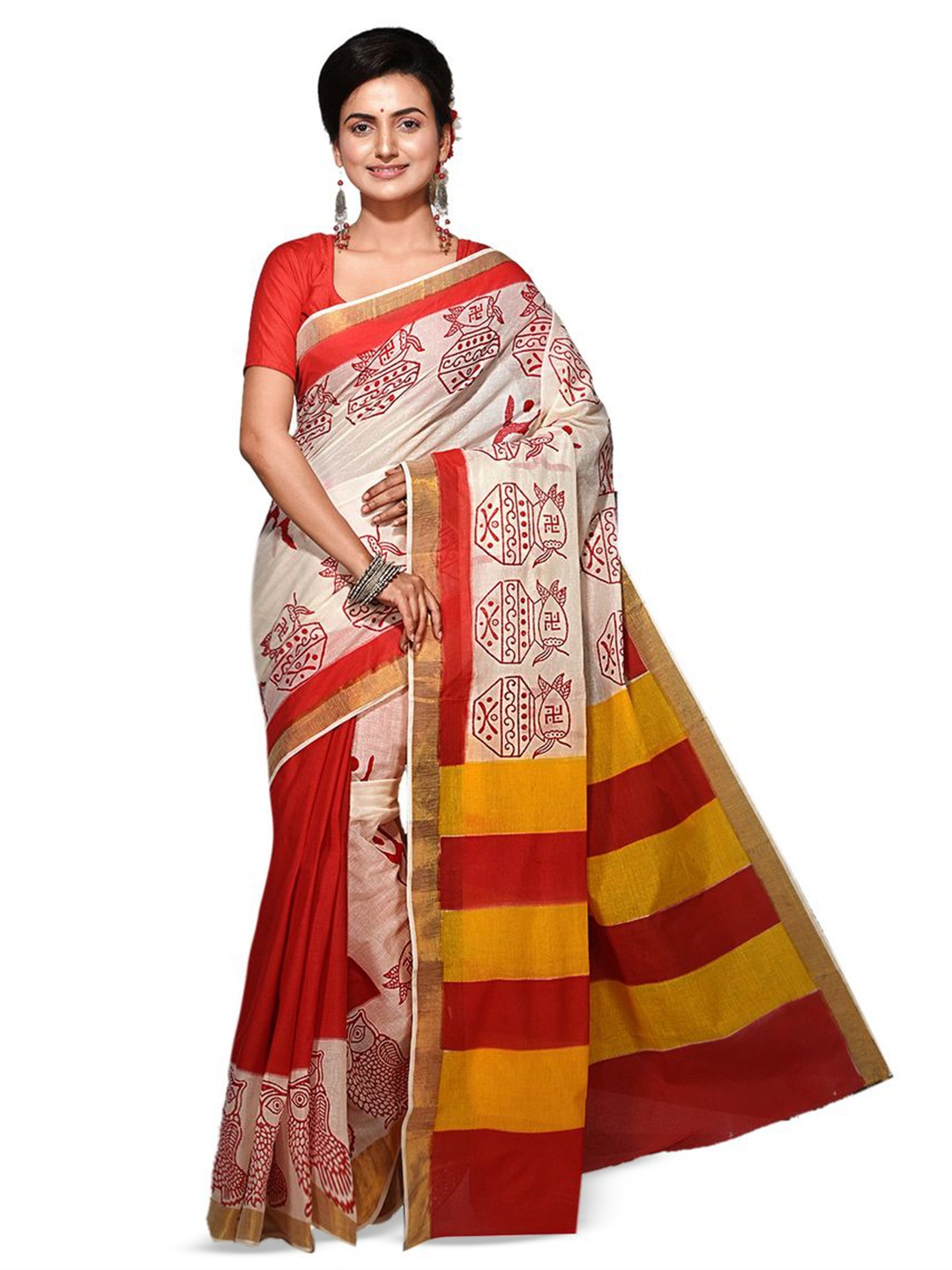 

Crochetin Woven Design Pure Cotton Ready to Wear Saree, Red