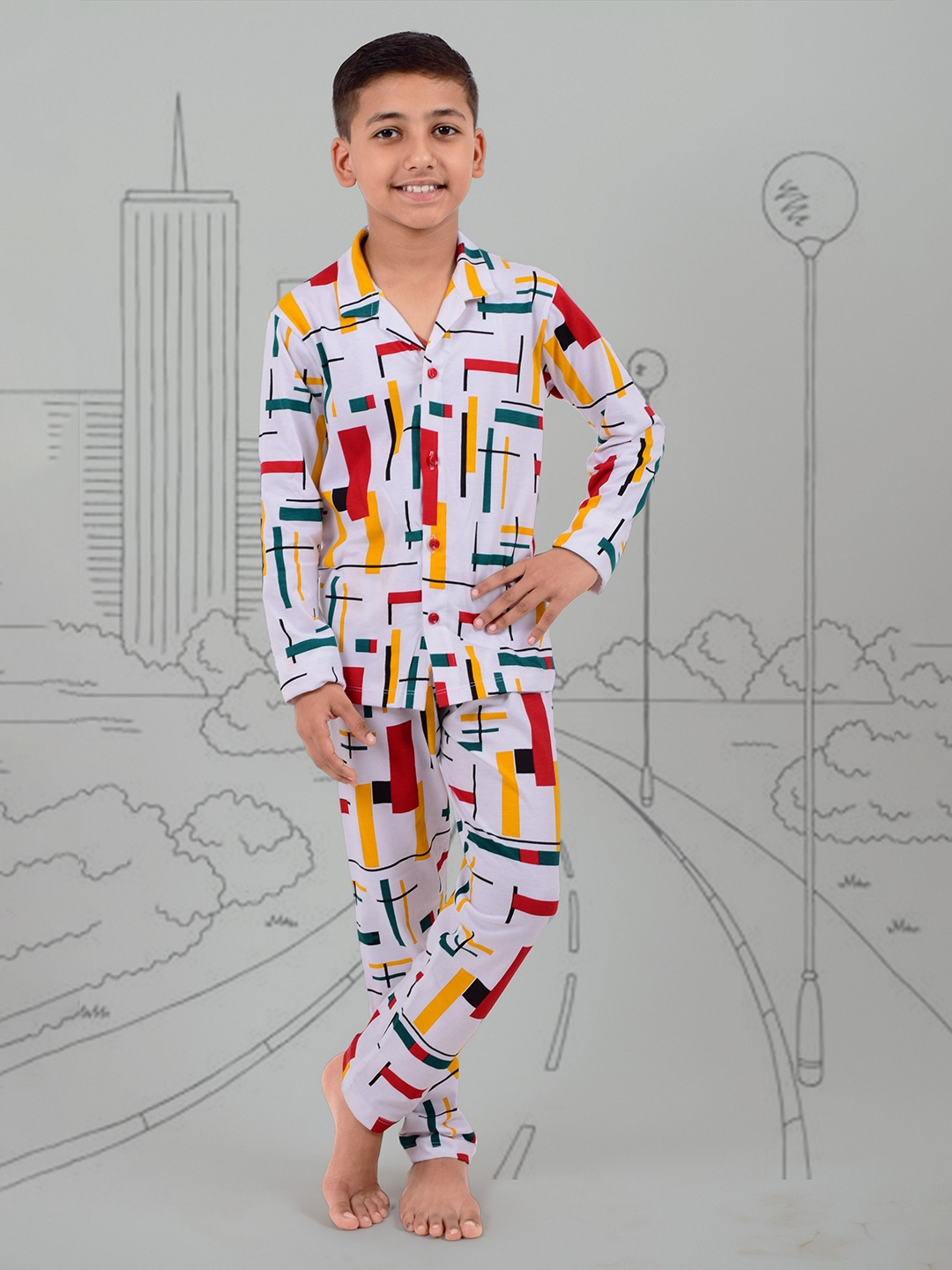 

ROW STARS Boys Geometric Printed Cuban Collar Shirt With Trousers, White