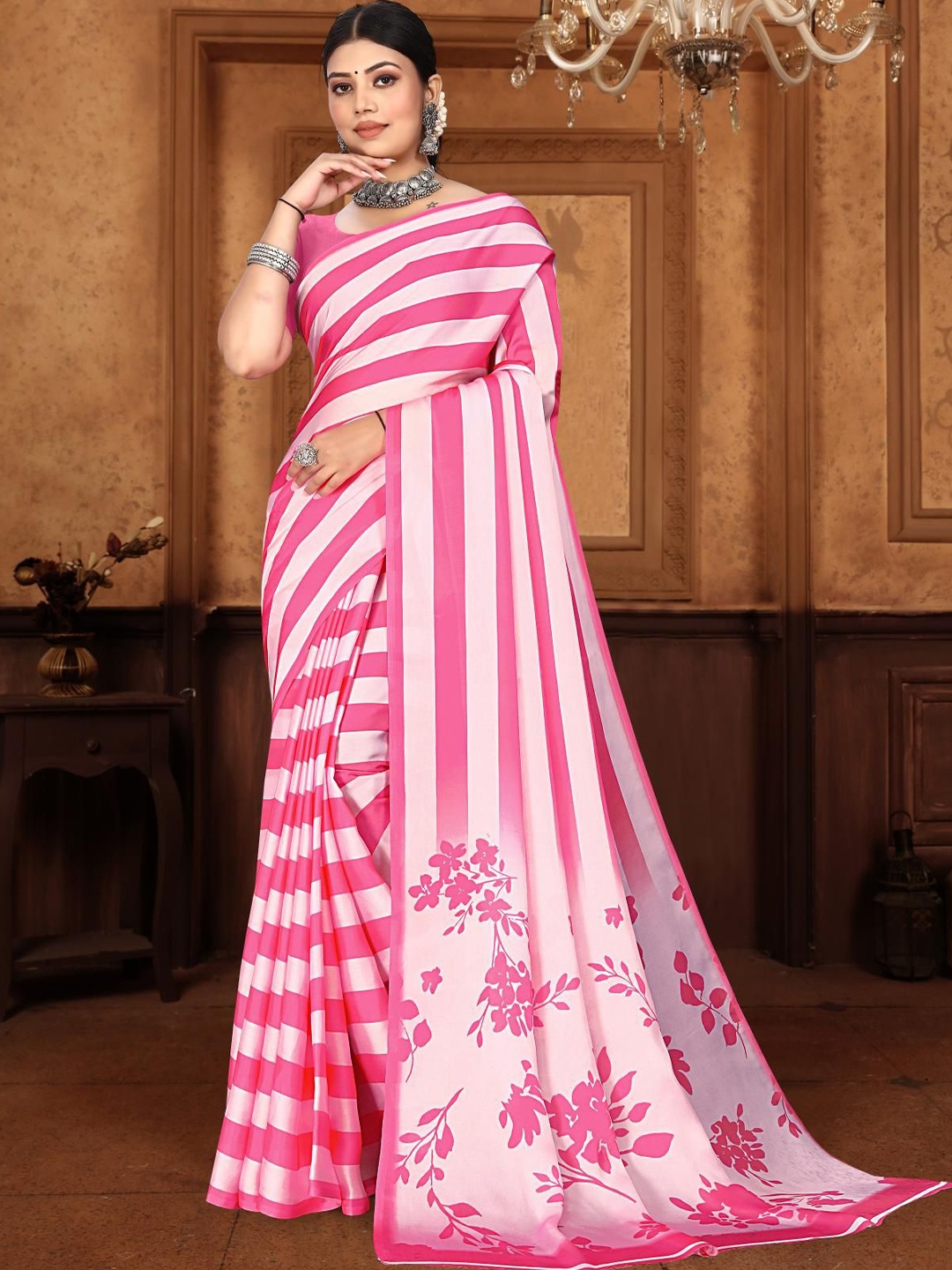 

Mitera Striped Printed Satin Saree, Pink