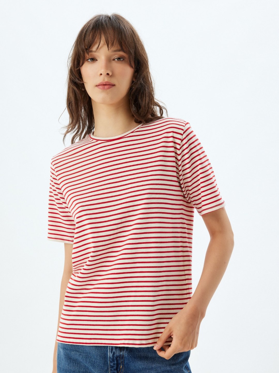 

Koton Women Striped Round Neck Cotton T-shirt, White