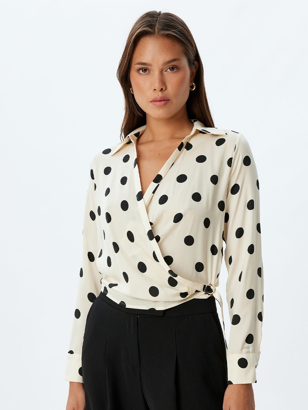 

Koton Women Polka Dots Printed Shirt Collar Top, Beige
