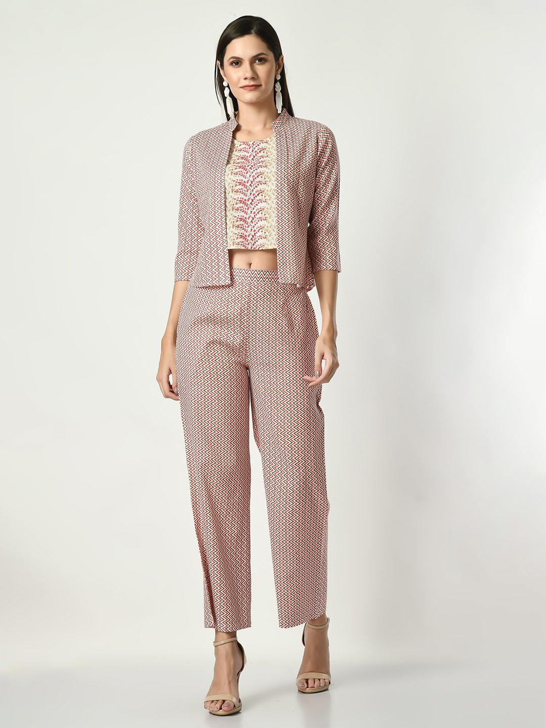 

VAPPSYAM Printed Top With Trouser & Jacket Co-Ords, Pink