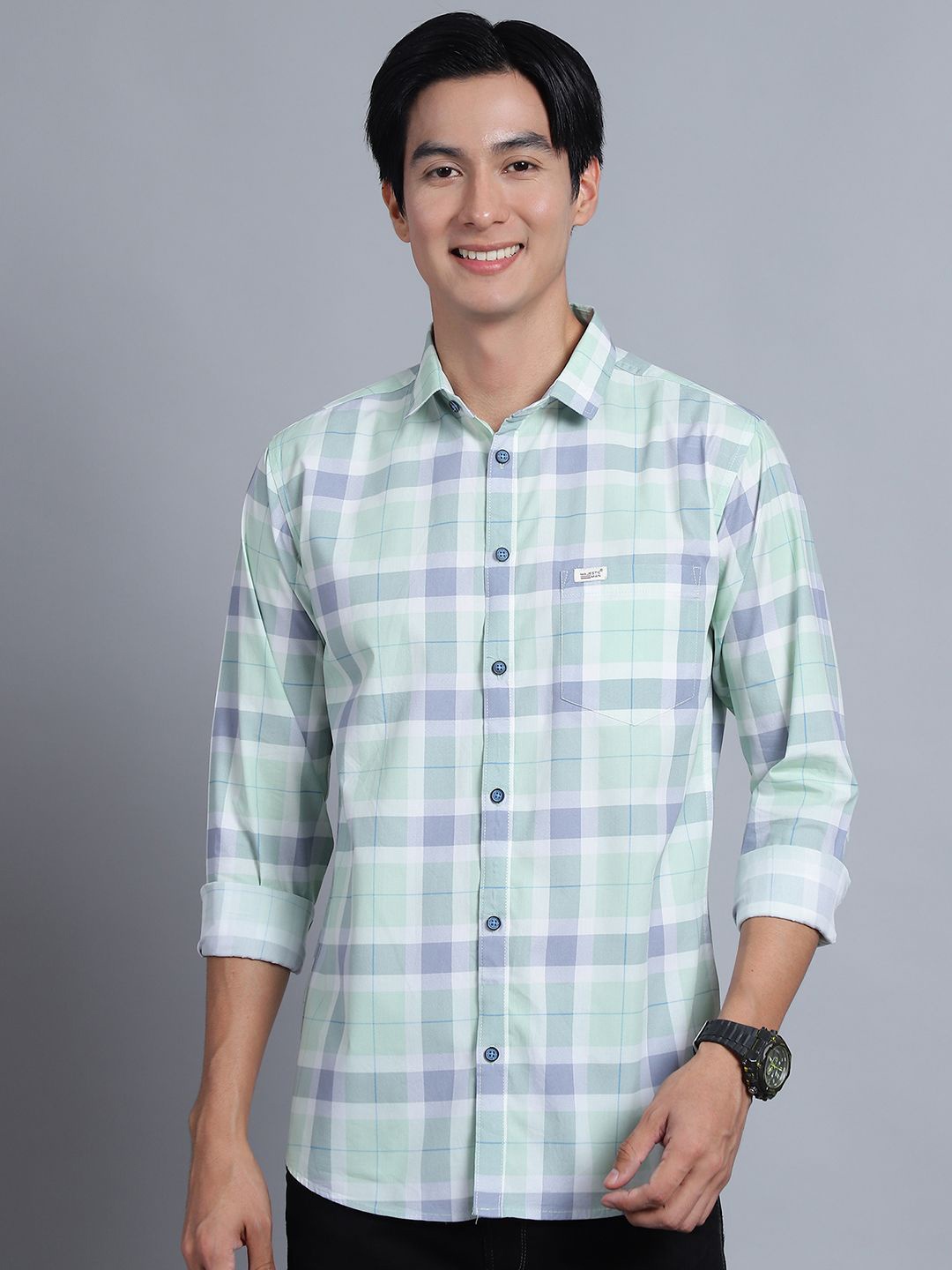 

Majestic Man Men Comfort Spread Collar Checked Cotton Slim Fit Casual Shirt, Green