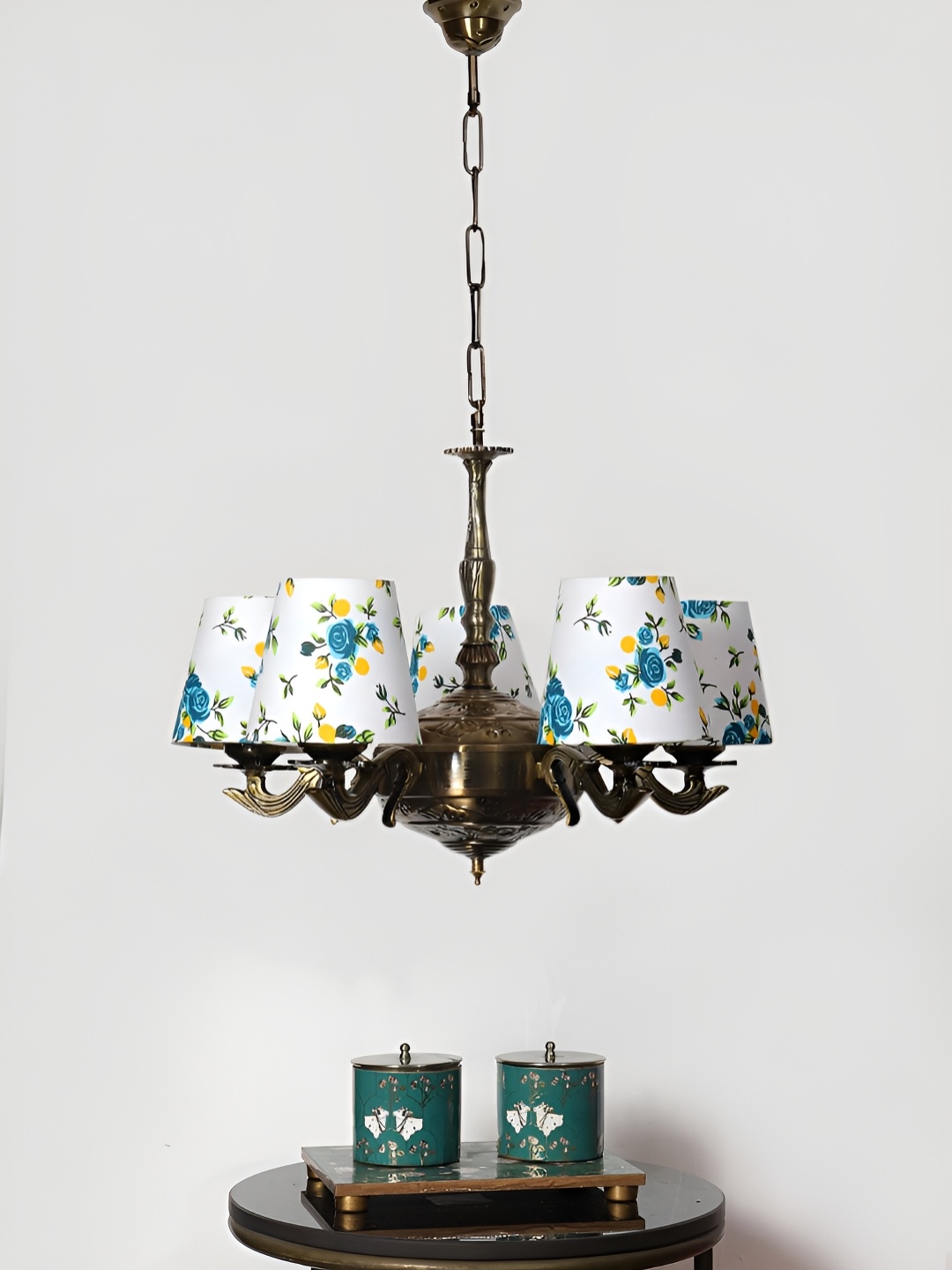 

Devansh White Printed Cotton shade with Antique Golden Chandelier Metal Ceiling Lamp