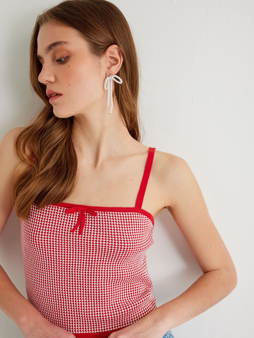 

Koton Women Checked Shoulder Straps Acrylic Top, Red