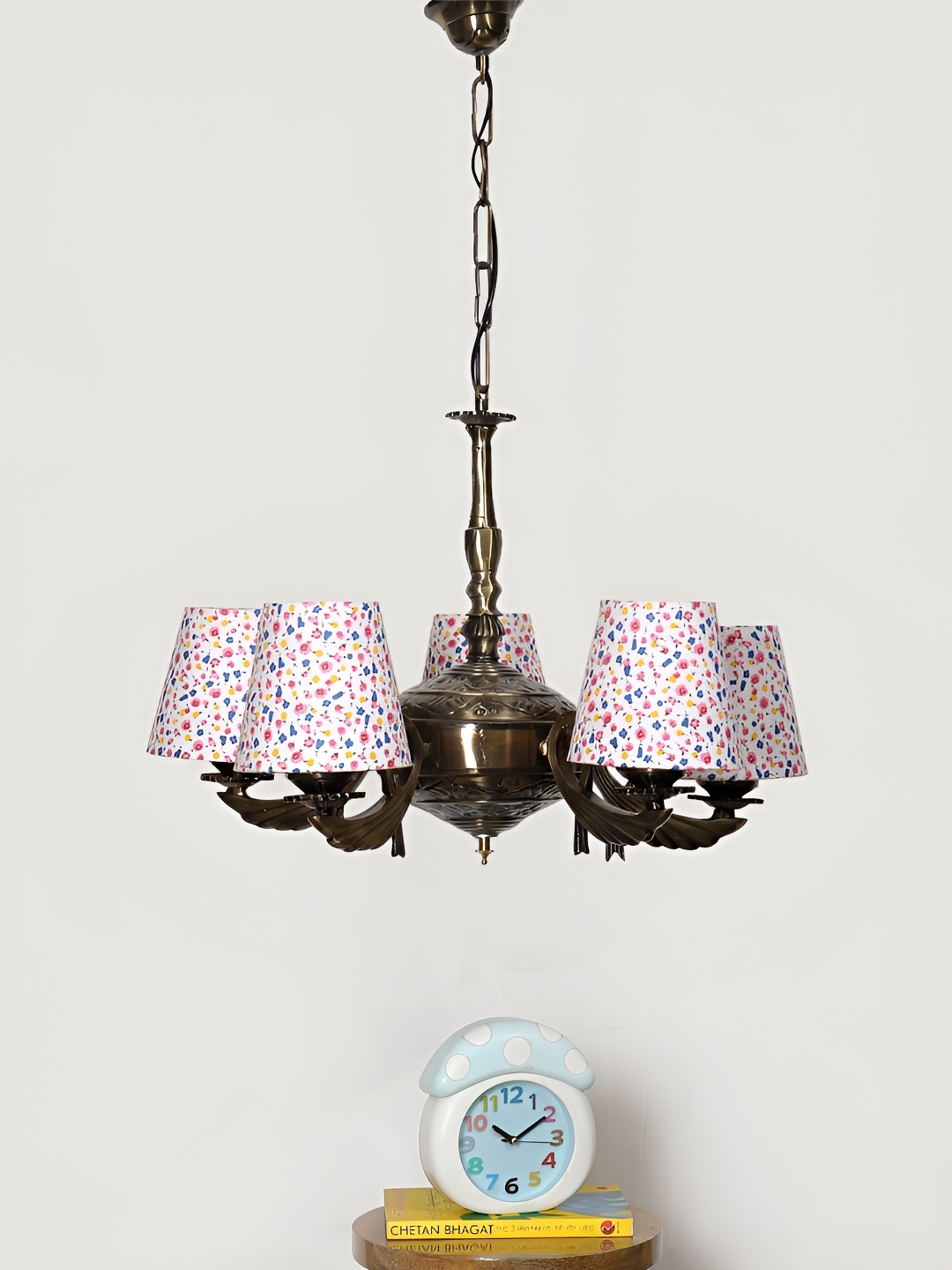 

Devansh White Printed conical cotton shade with Antique Golden Chandelier Ceiling Lamp