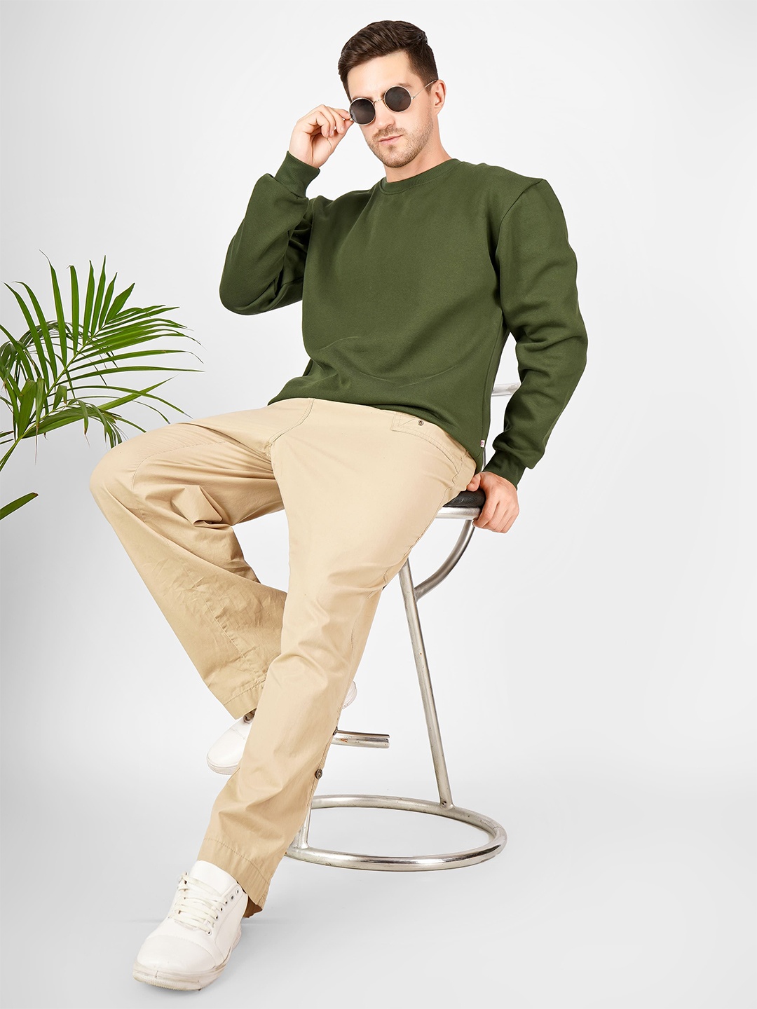 

MIMID Men Solid Round Neck Cotton Pullover Ribbed Sweatshirt, Olive