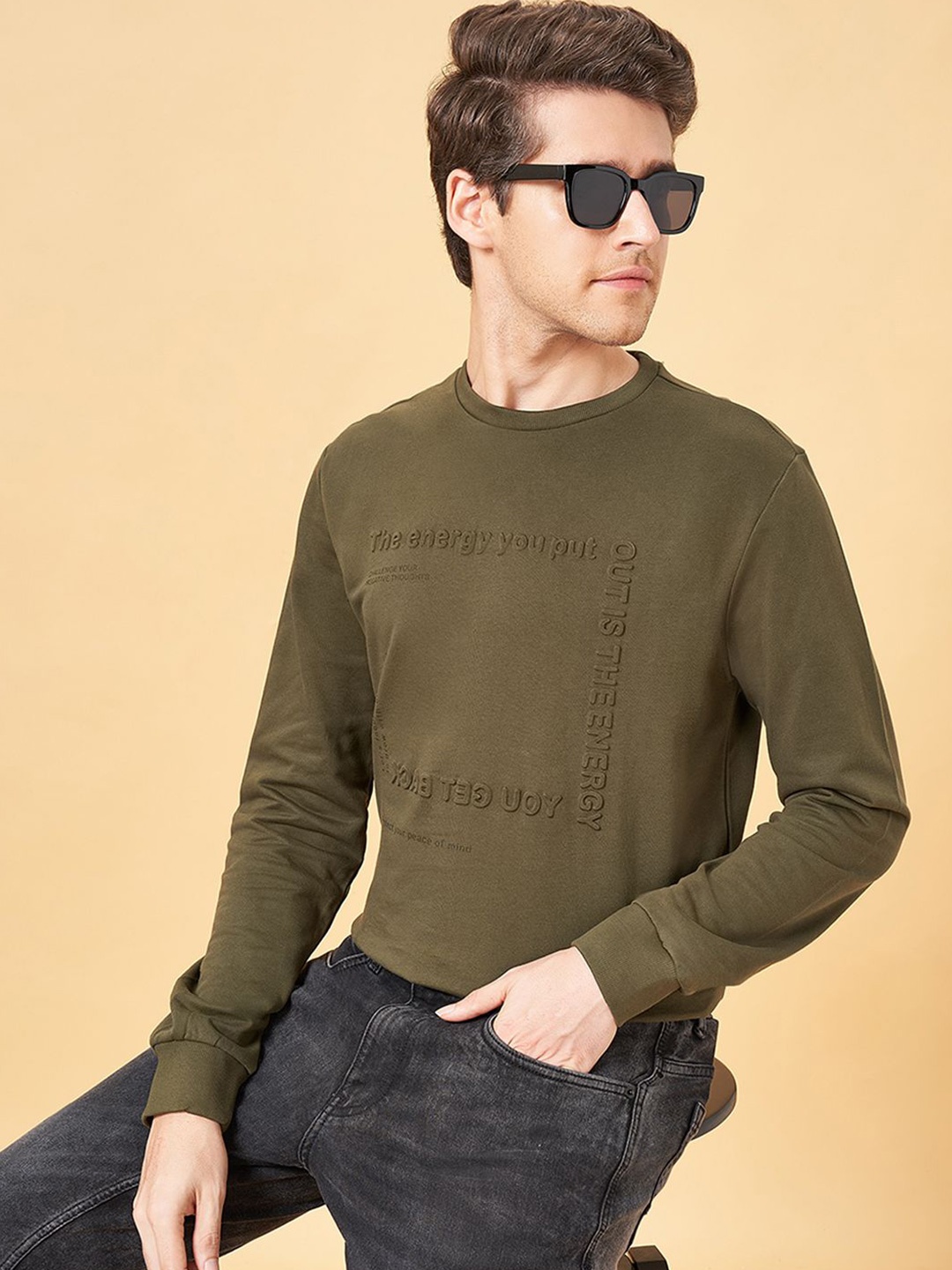 

People Men Typography Printed Round Neck Fleece Pullover Sweatshirt, Olive