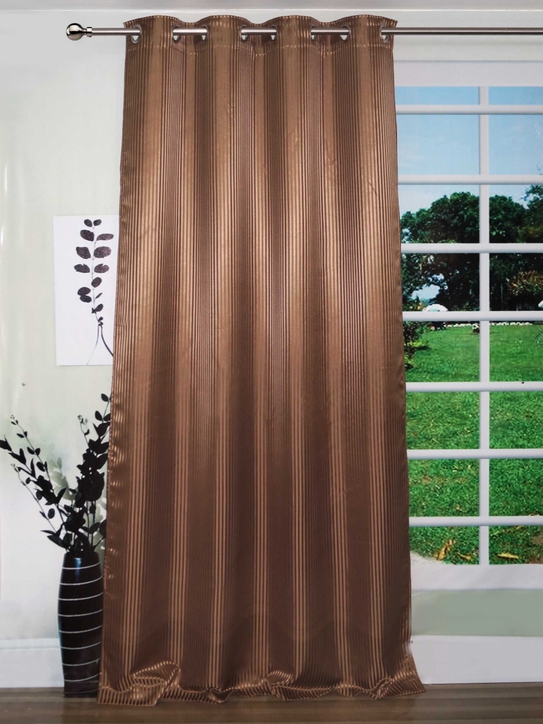 

Lushomes Brown Striped Sheer Window Curtain