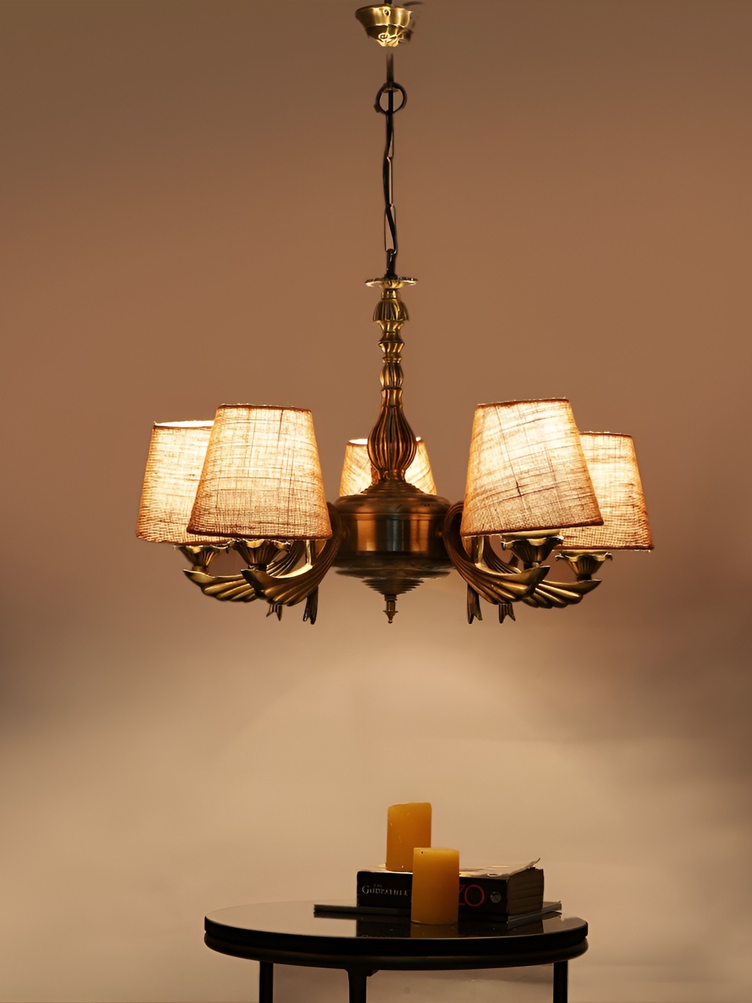 

Devansh Beige Textured Conical shade with Antique Golden Chandelier Metal Ceiling Lamp