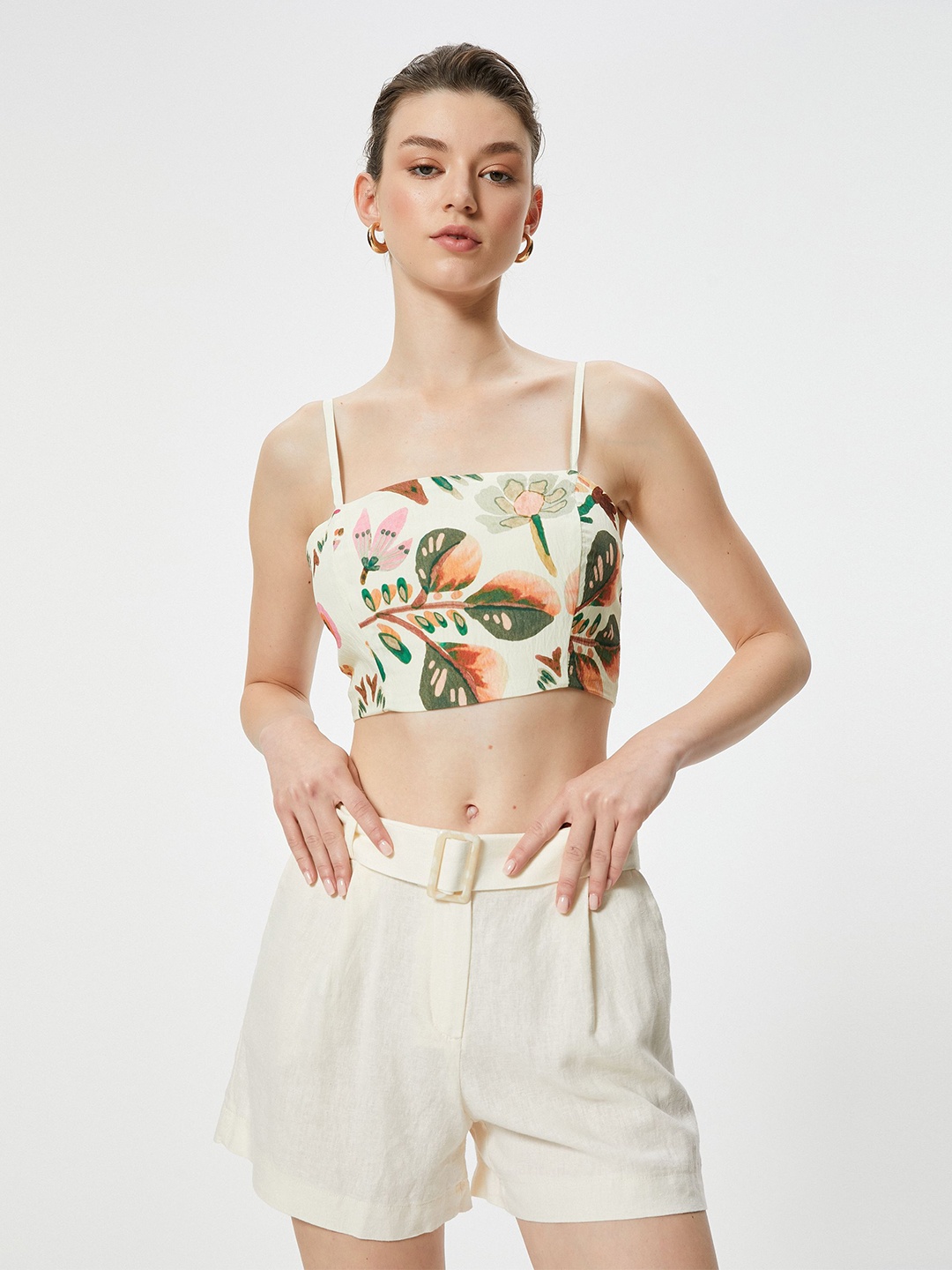 

Koton Women Floral Printed Shoulder Straps Top, Beige