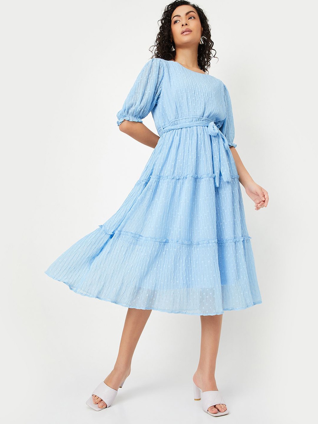 

max Women Self Design Solid Puff Sleeve Fit & Flare Midi Dress, Blue