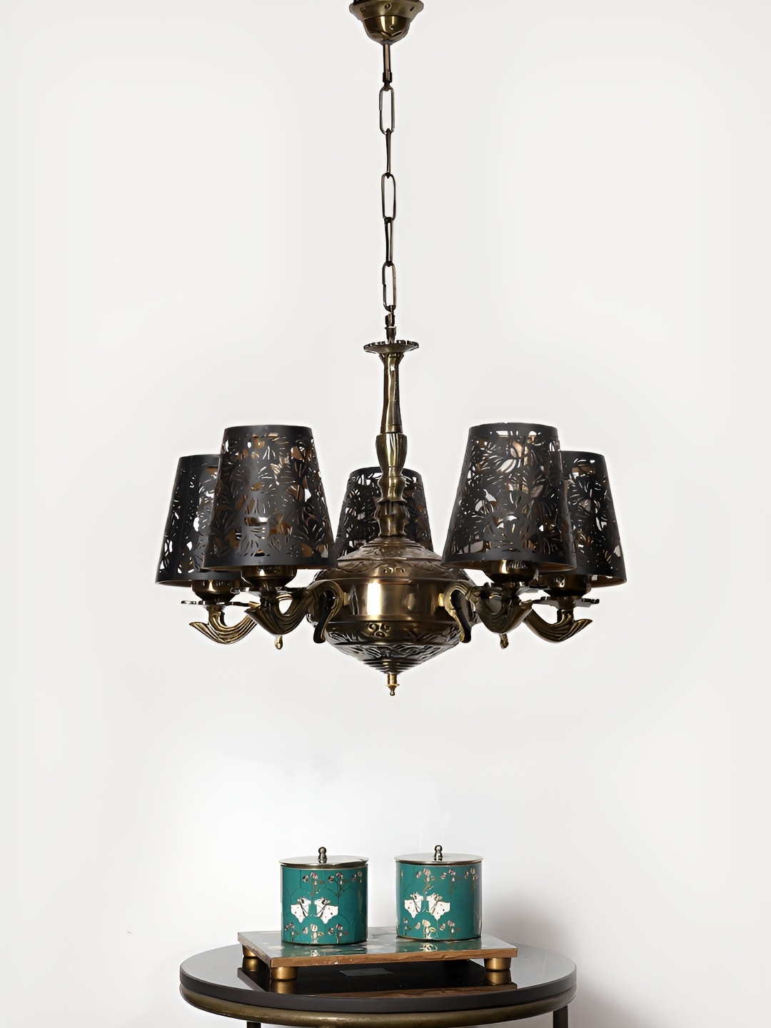 

Devansh Black & Gold-Toned Metal Etched shade with Antique Golden Chandelier Ceiling Lamp