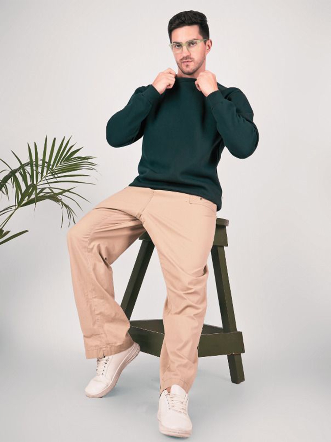 

MIMID Men Solid Round Neck Cotton Pullover Ribbed Sweatshirt, Green