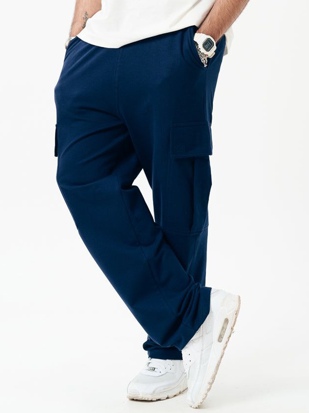 

FREAKINS Men Loose Fit High-Rise Cotton Cargo Trouser, Blue