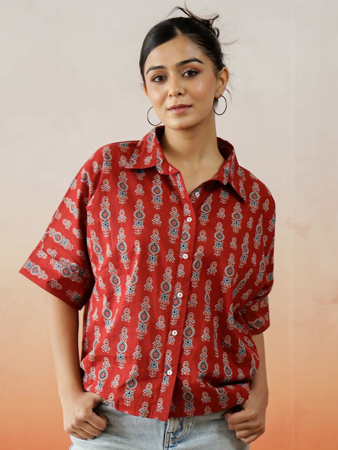 

SANSKRUTIHOMES Ethnic Motif Print Extended Sleeves Cotton Top, Red