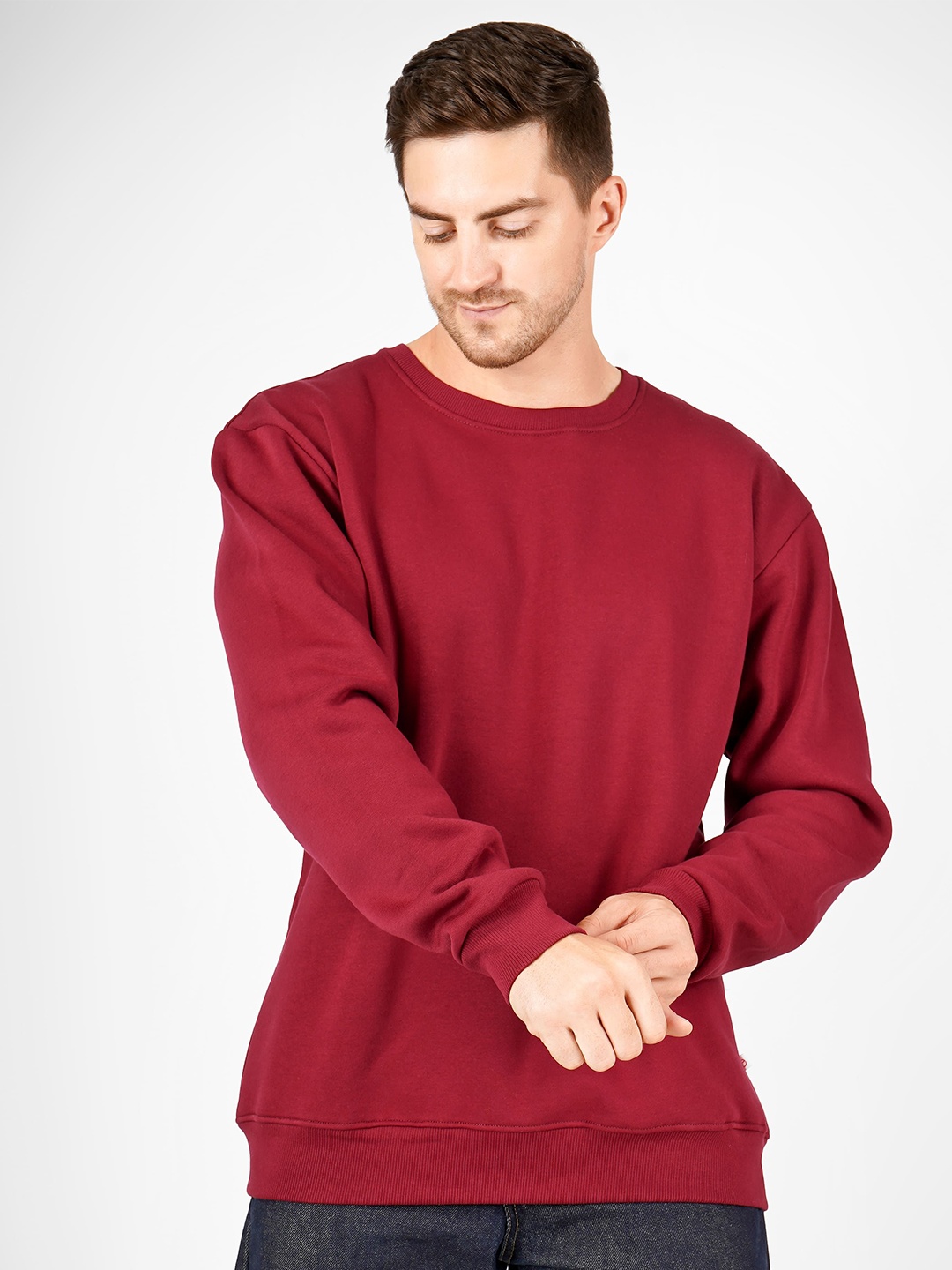 

MIMID Men Solid Round Neck Cotton Pullover Ribbed Sweatshirt, Red