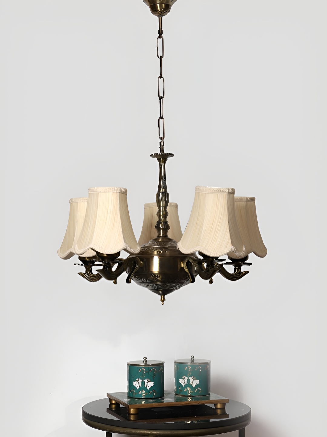 

Devansh Off White Vintage cotton shade with Antique Golden Chandelier Metal Ceiling Lamp