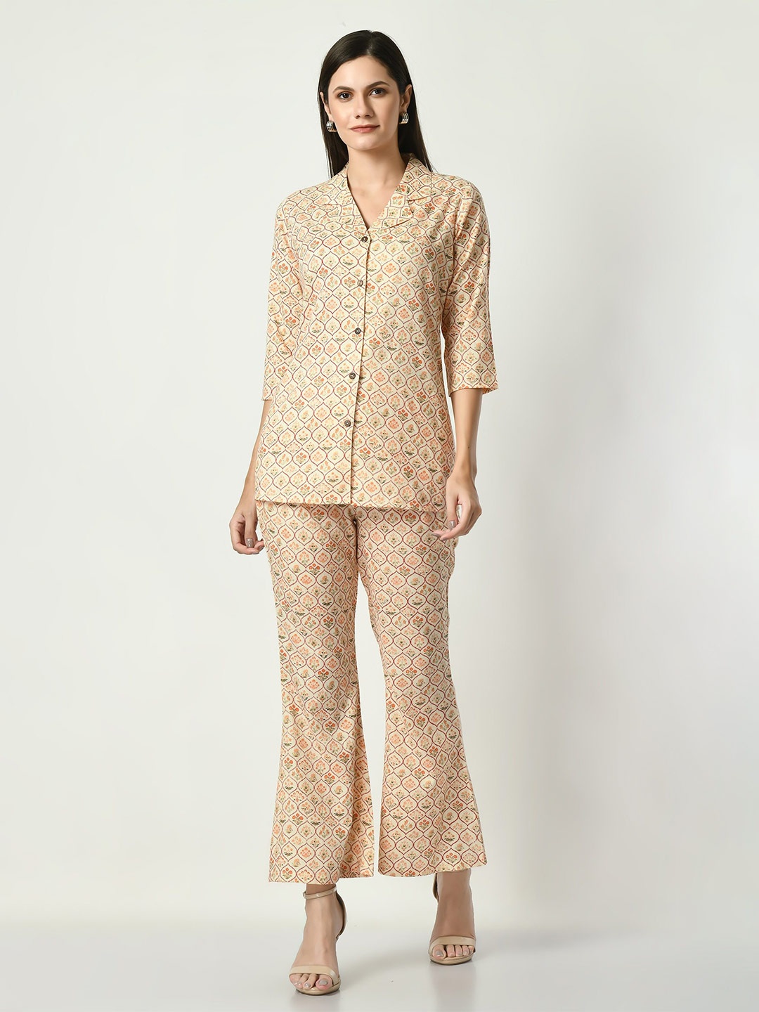 

VAPPSYAM Printed Pure Cotton Top With Trouser Co-Ords, Yellow