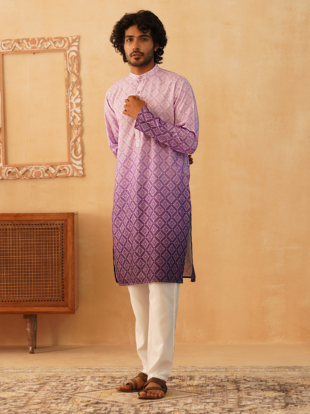 

Jompers Floral Printed Sequinned Mandarin Collar Kurta With Trousers, Purple