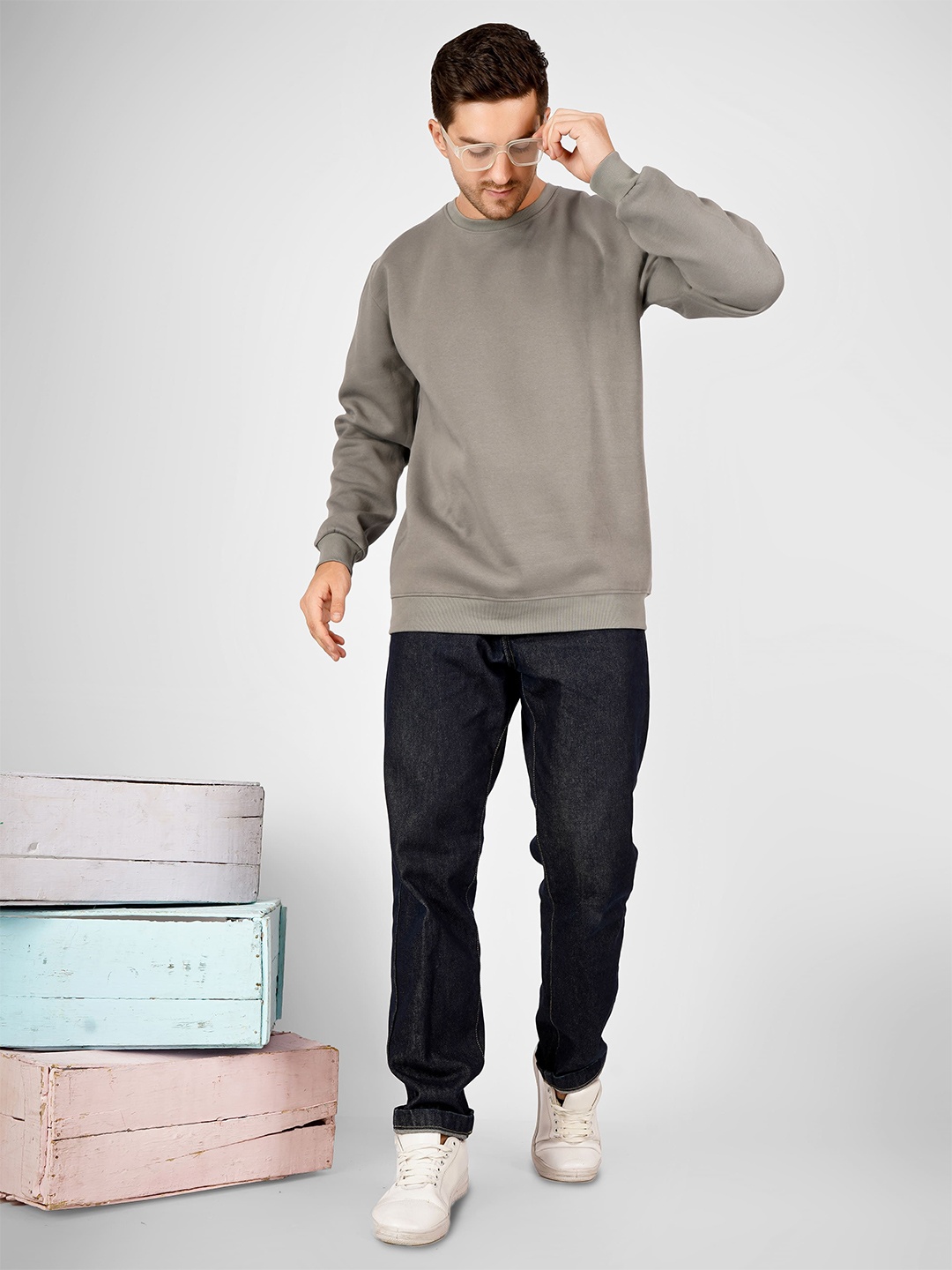 

MIMID Men Solid Round Neck Cotton Pullover Ribbed Sweatshirt, Grey