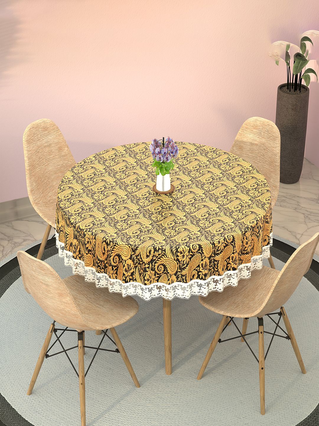 

Kuber Industries Black & Yellow Floral Printed Waterproof Round 4-Seater Table Cover