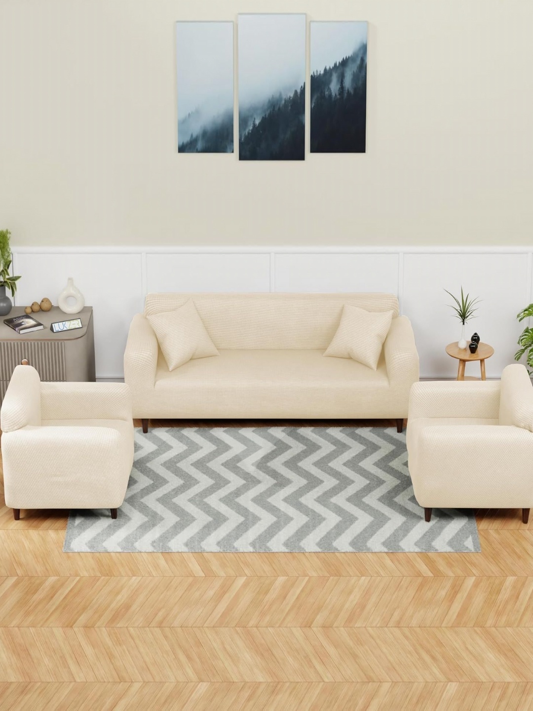 

Lukzer Cream-Coloured Printed Jacquard 5 Piece Sofa Cover With Cushion Covers