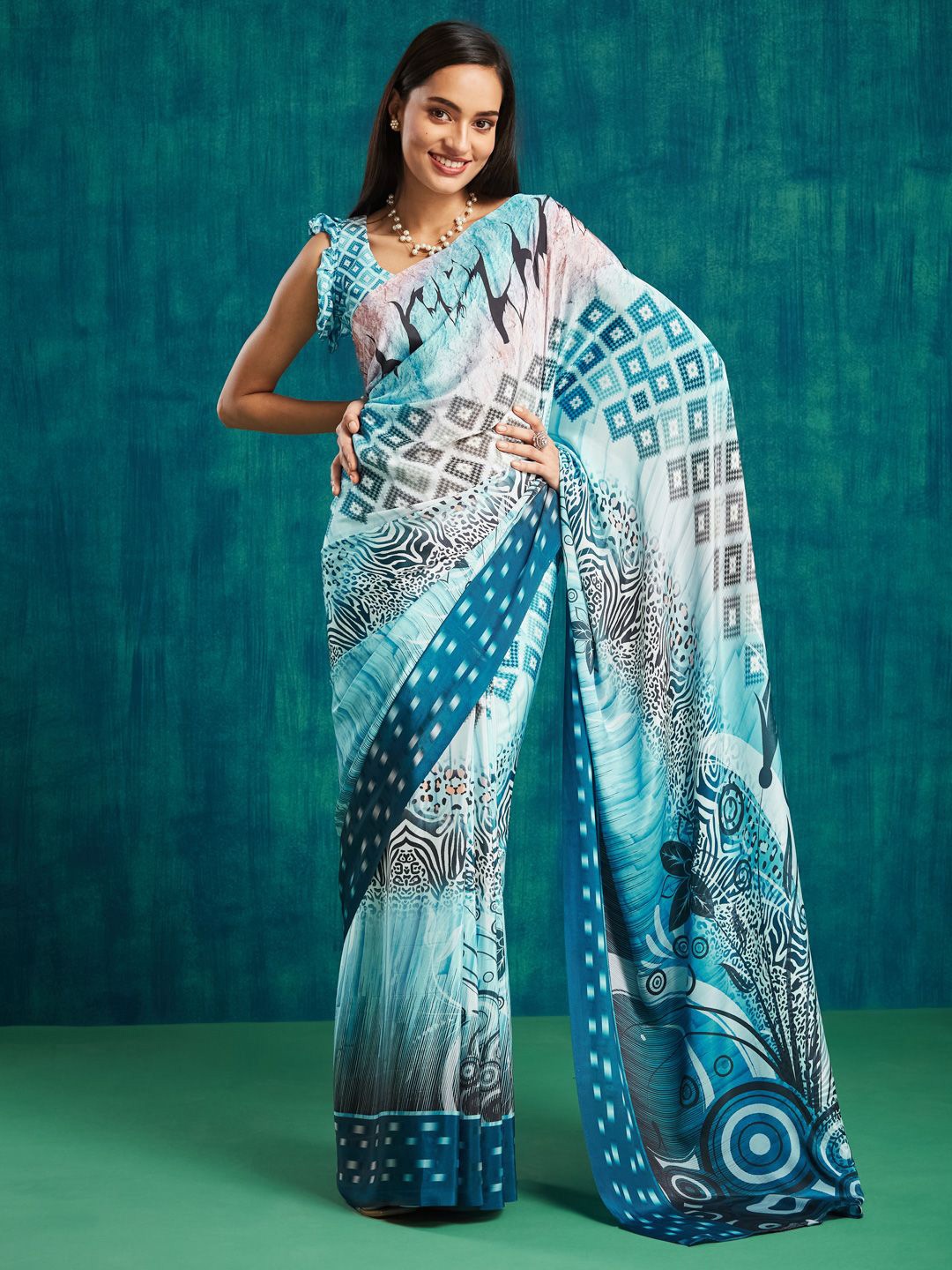 

RACHNA Checked Printed Saree, Blue