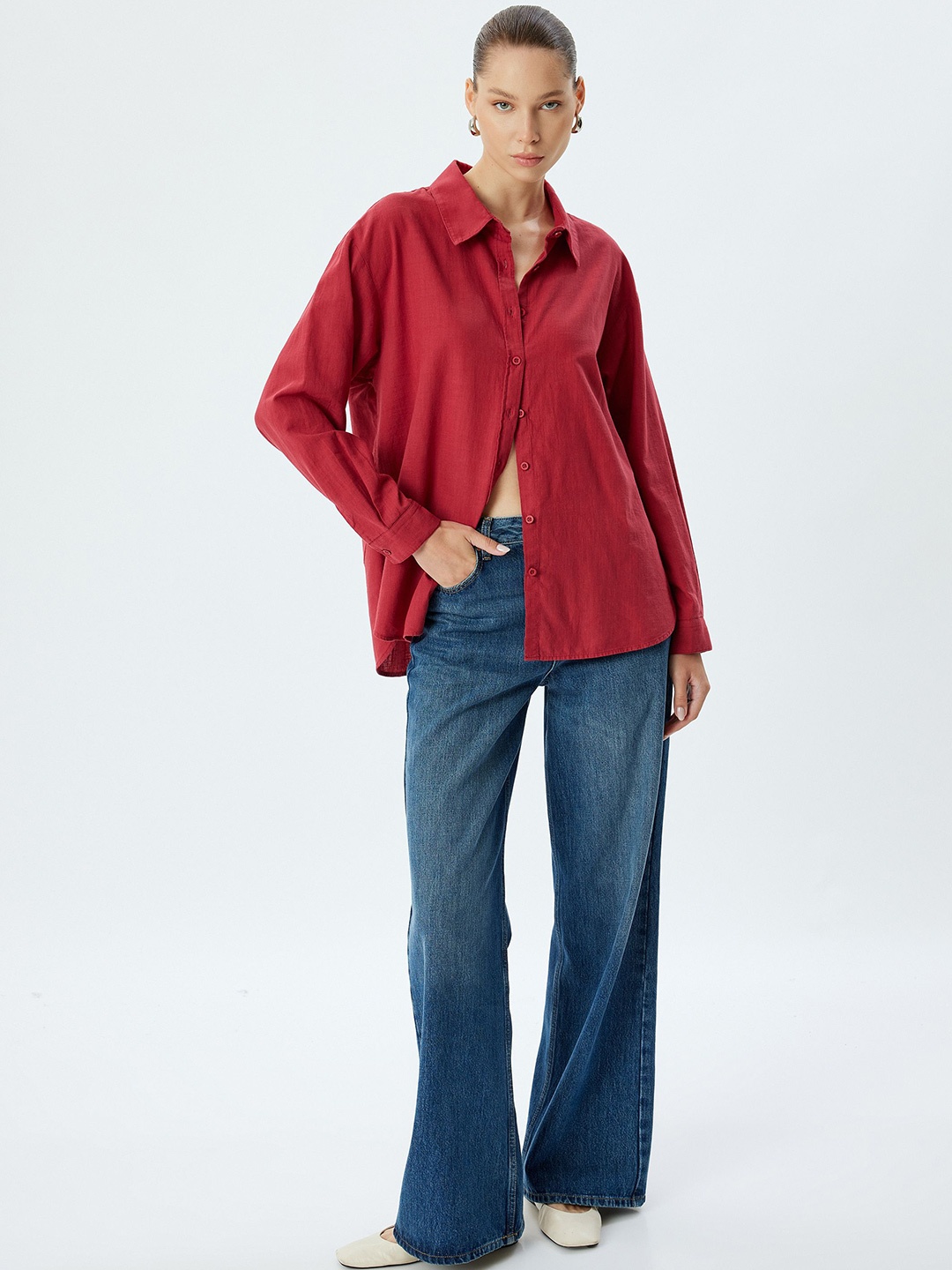 

Koton Women Spread Collar Solid Cotton Casual Shirt, Red