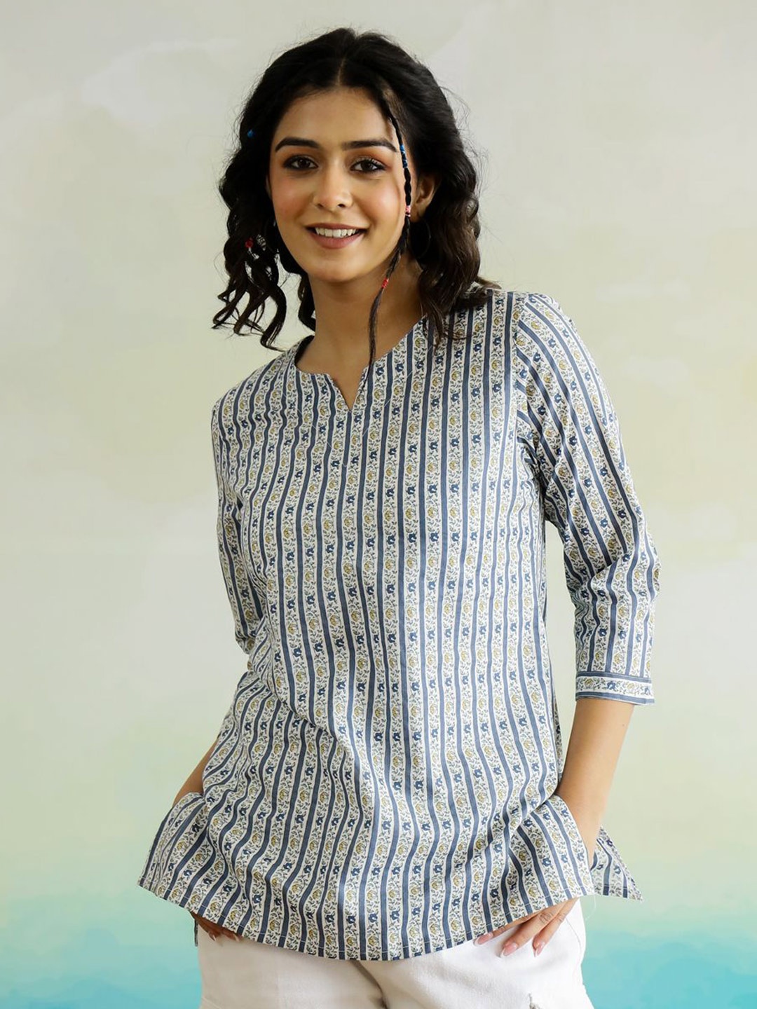 

SANSKRUTIHOMES Women Floral Prined Pure Cotton Top, Off white