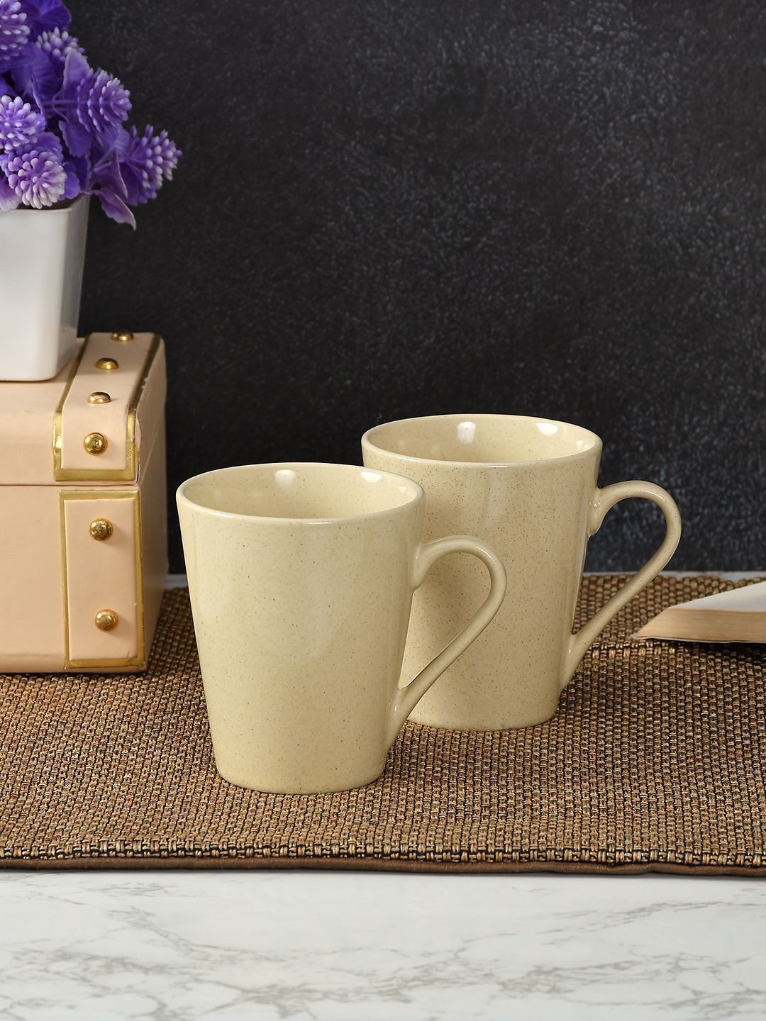 

CLIO'S HERITAGE STORE Cream 2 Pieces Glazed Ceramic Glossy Mugs 300ml Each