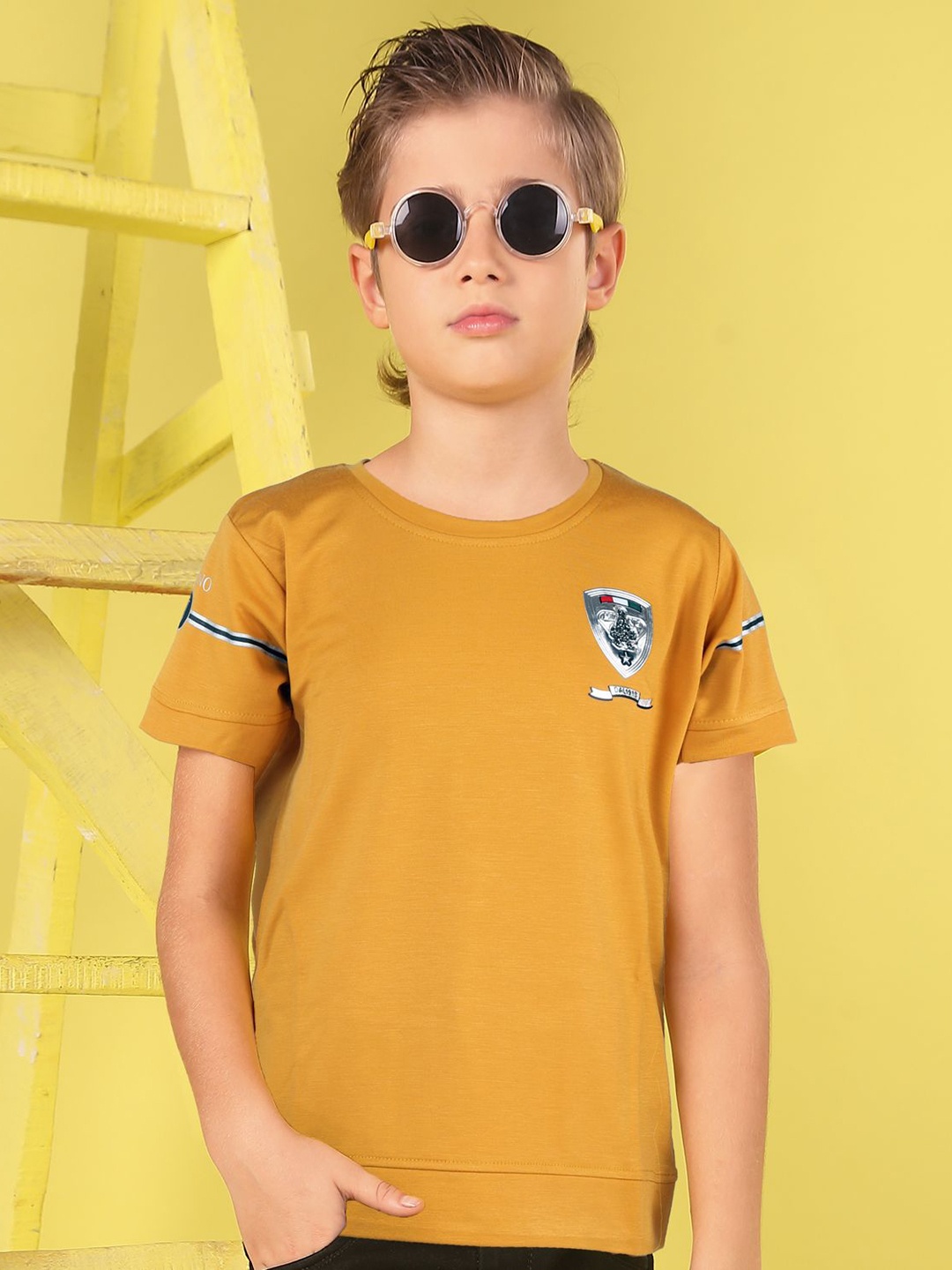 

MashUp Boys Graphic Printed Round Neck Cotton T-shirt, Mustard