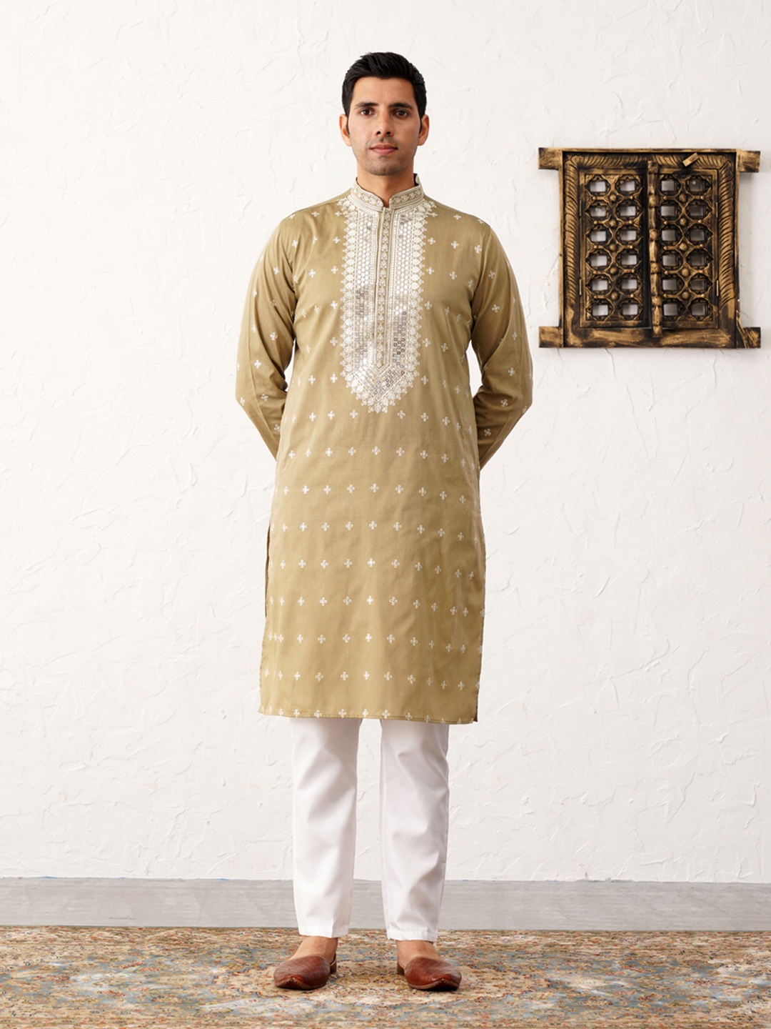 

Jompers Floral Embroidered Sequinned Mandarin Collar Kurta With Trousers, Beige