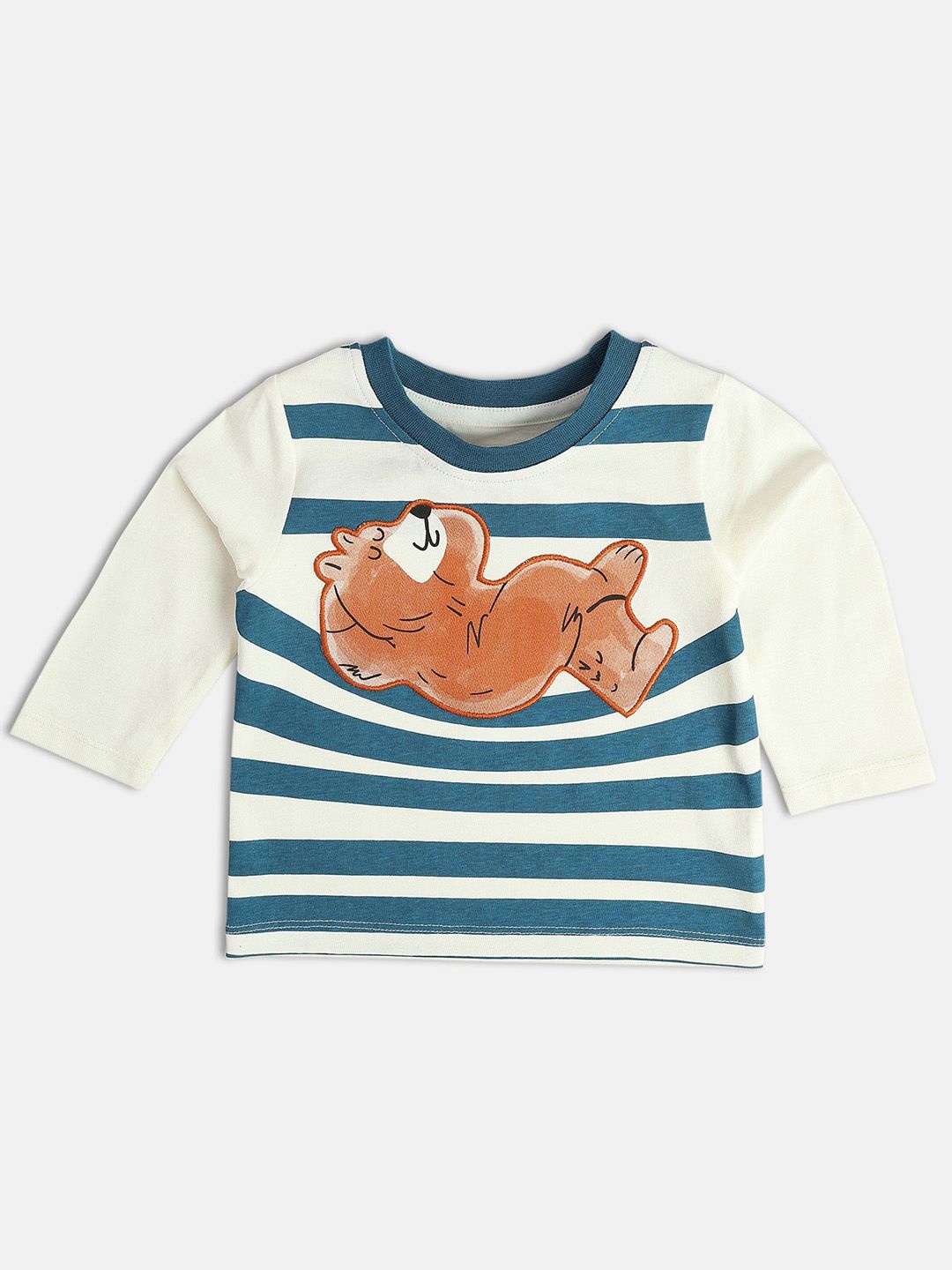 

MINI KLUB Boys Striped Round Neck Cotton T-shirt, Cream