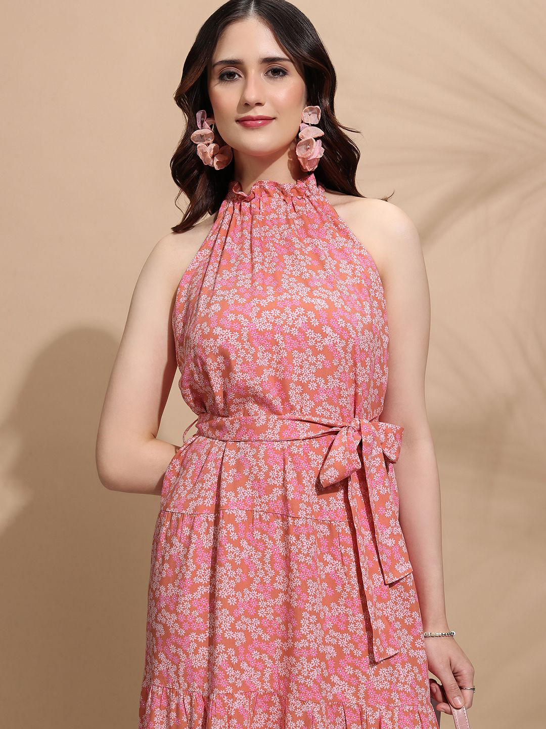 

Tokyo Talkies Women Floral Printed Halter Neck Fit & Flare Midi Dress, Rust