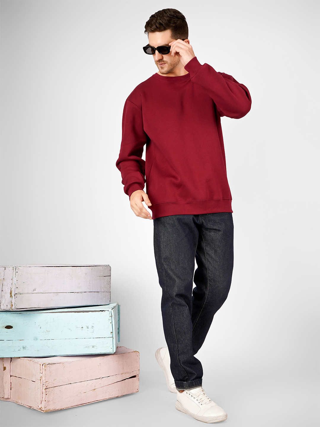 

MIMID Men Solid Round Neck Cotton Pullover Ribbed Sweatshirt, Red