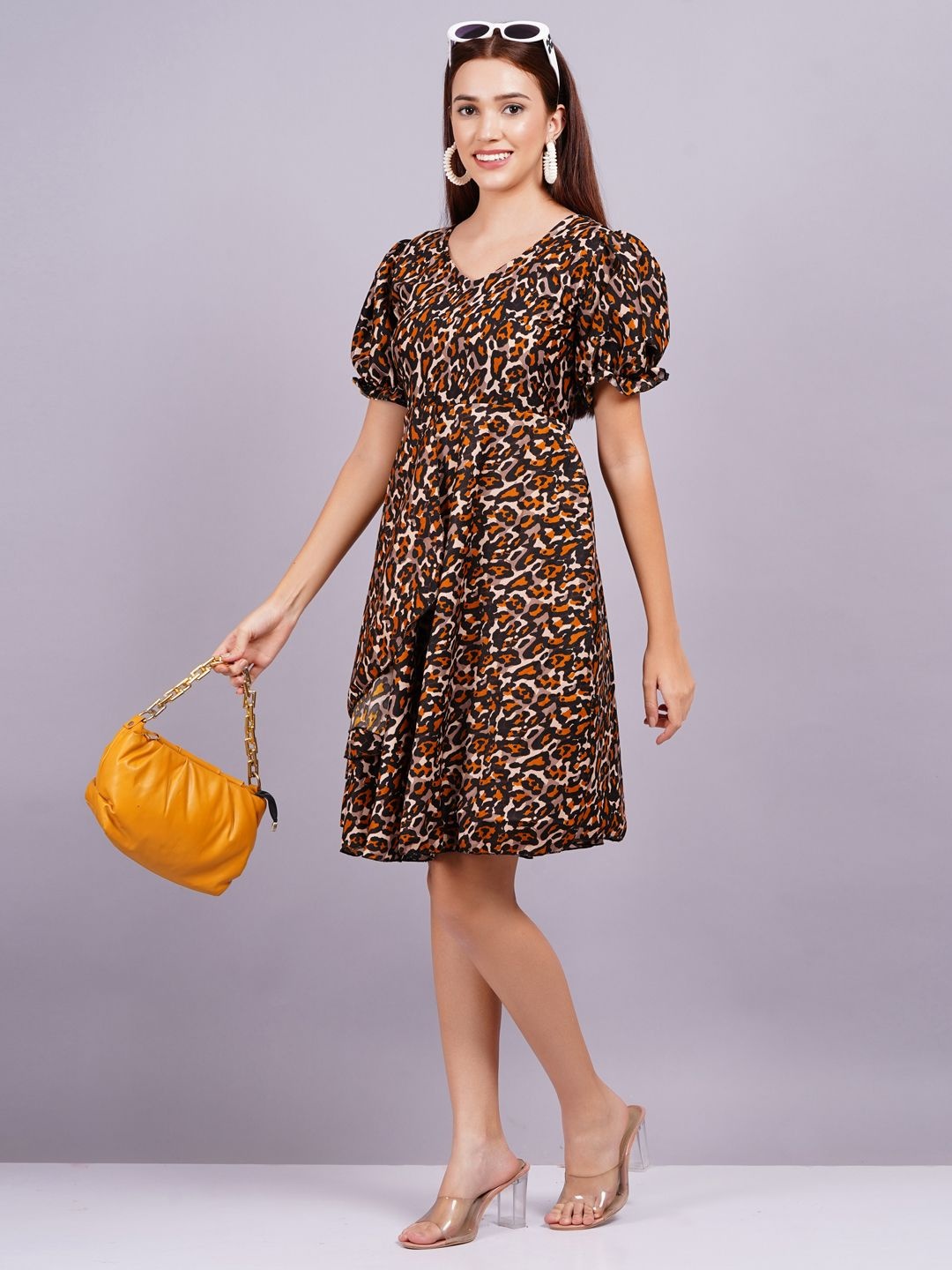 

JC4U Animal Print Puff Sleeve A-Line Dress, Brown