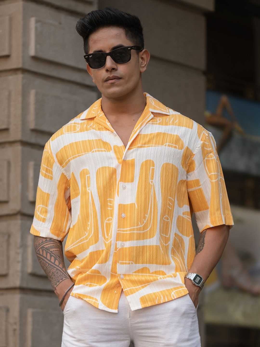 

Powerlook Men Cuban Collar Abstract Printed Oversized Casual Shirt, Yellow