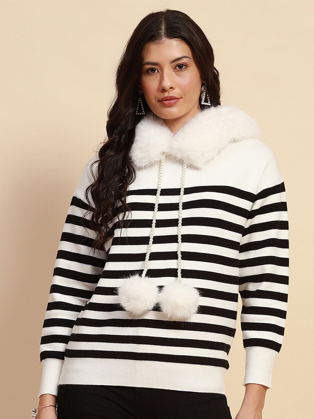 

Global Republic Women Striped Pullover Hooded Sweaters, White