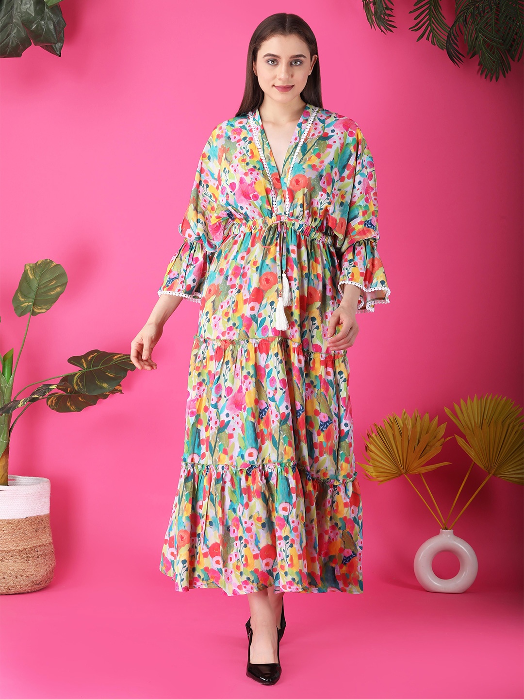 

KWEEN Women Floral Printed Bell Sleeve Maxi Dress, Multi