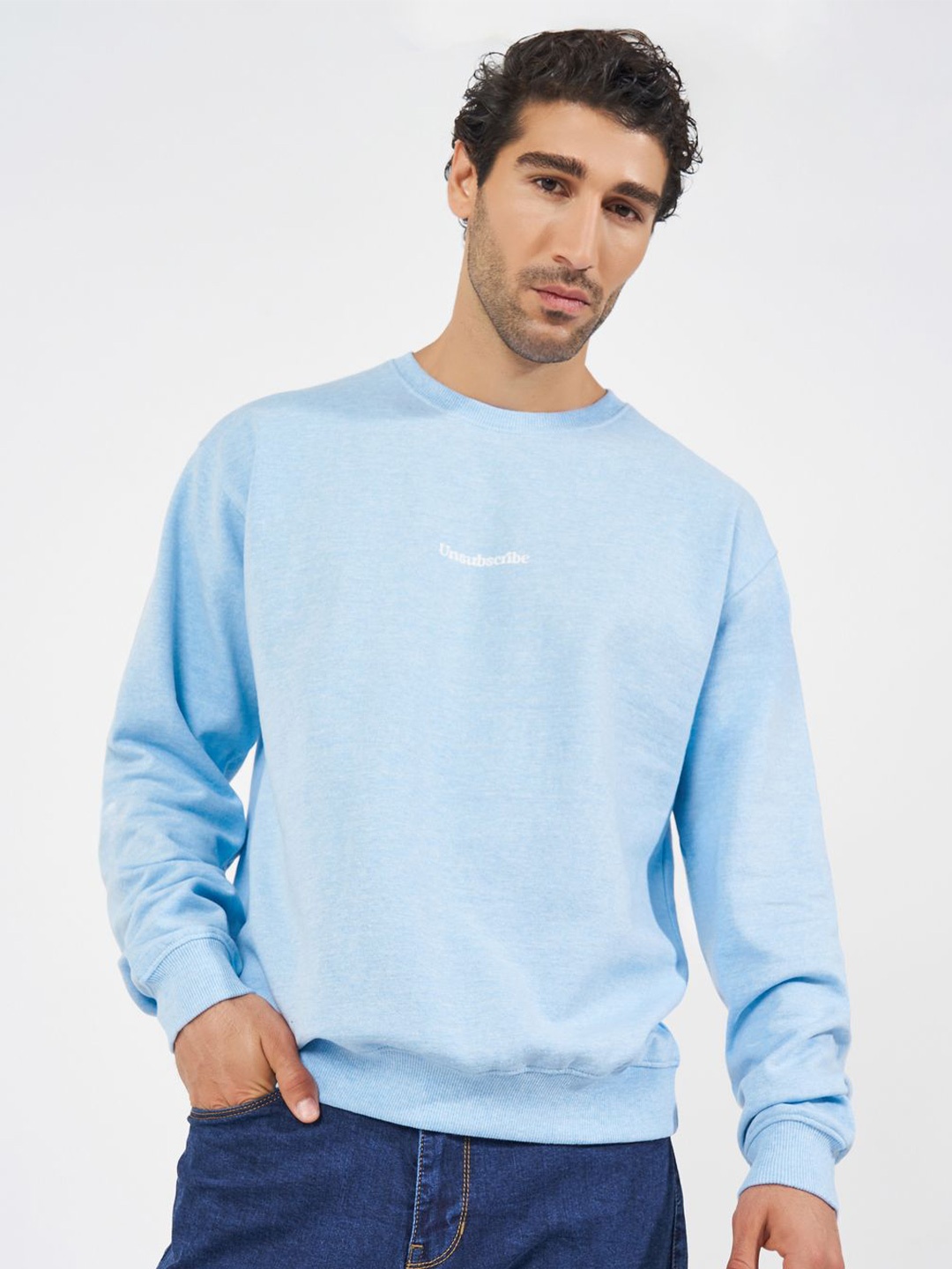 

Styli Men Typography Printed Round Neck Cotton Pullover Ribbed Sweatshirt, Blue