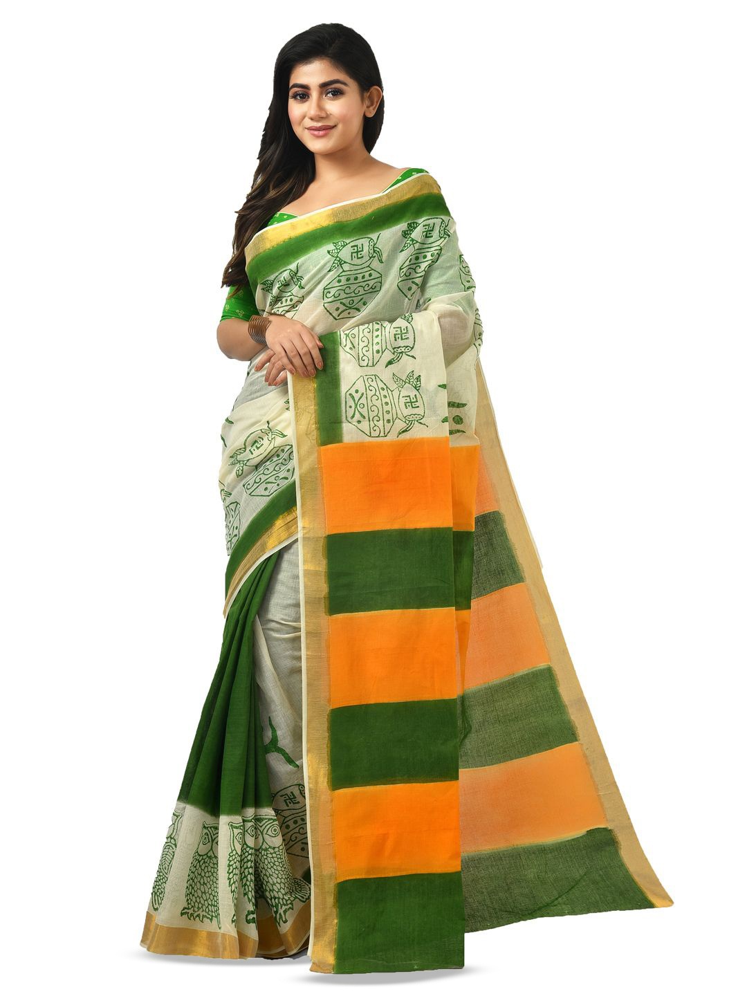 

Crochetin Women Woven Design Pure Cotton Ready to Wear Saree, Green