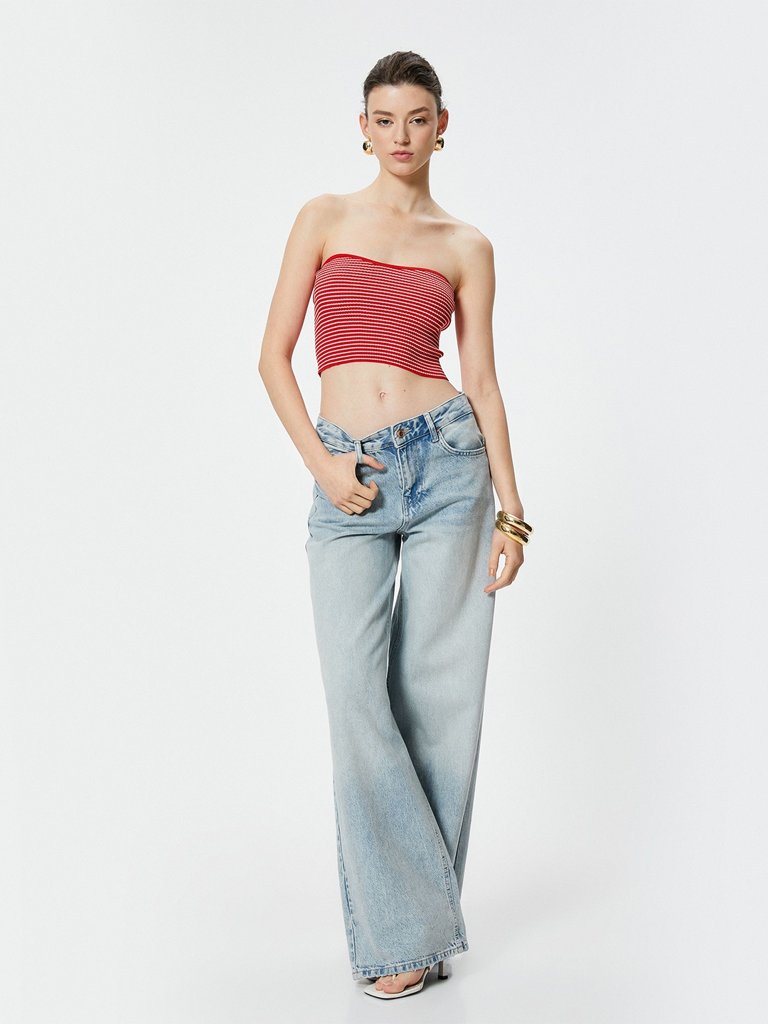 

Koton Women Horizontal Striped Strapless Top, Red