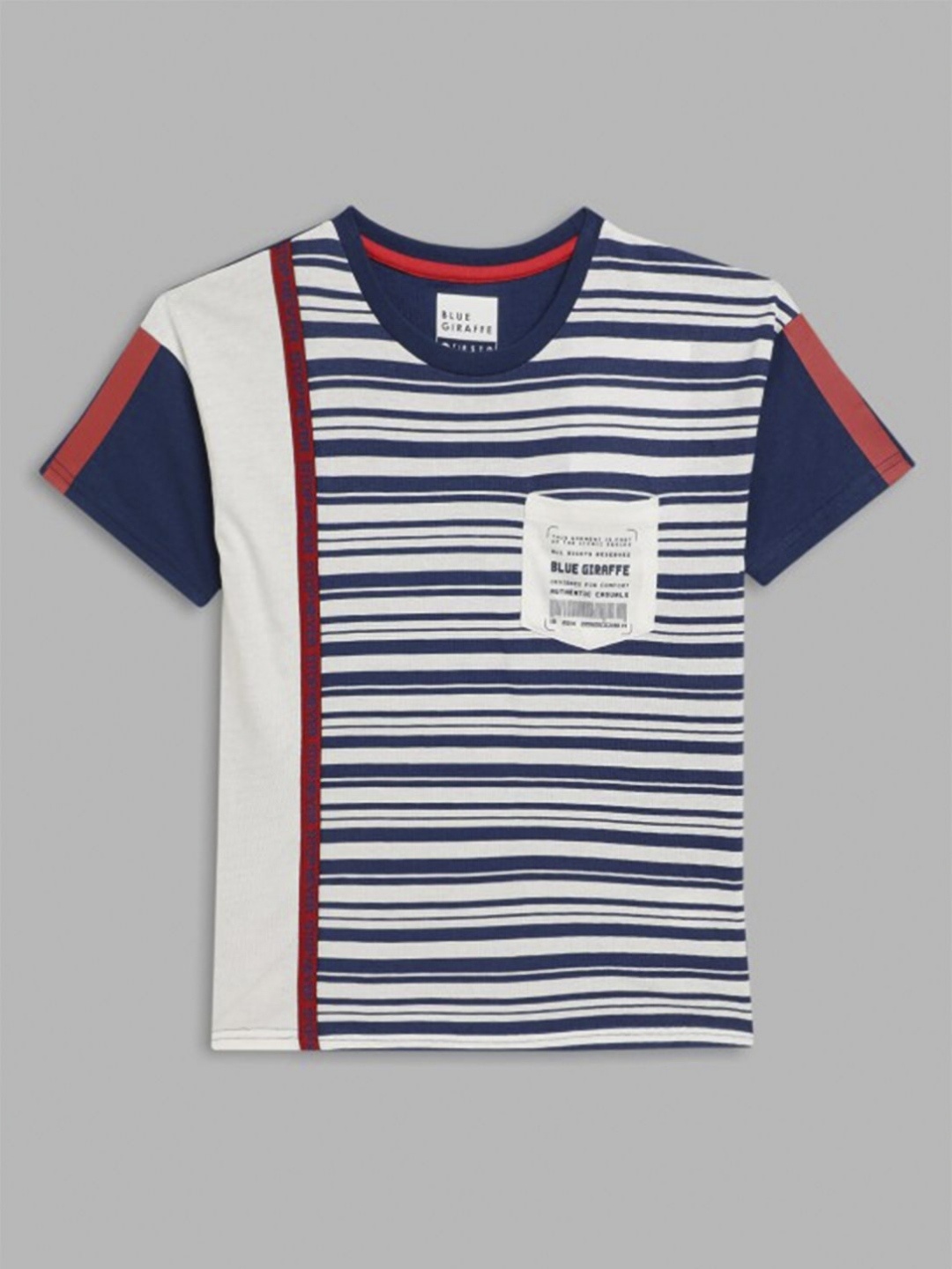 

Blue Giraffe Boys Striped Round Neck Cotton T-shirt, Navy blue