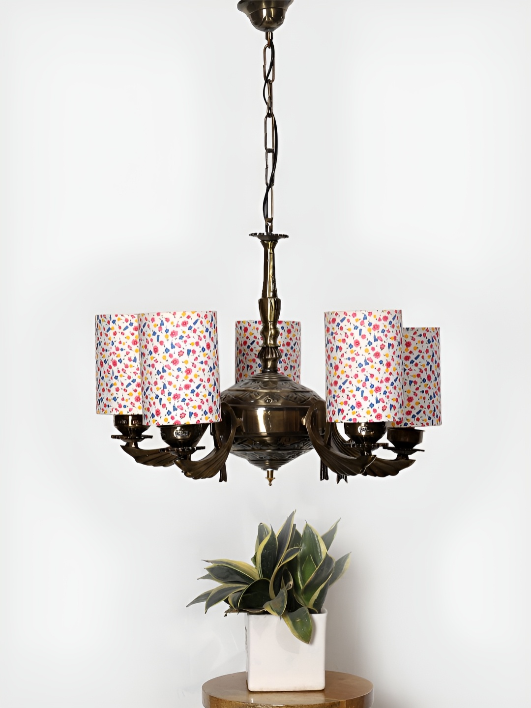 

Devansh White Printed Round cotton shade with Antique Golden Chandelier Metal Ceiling Lamp