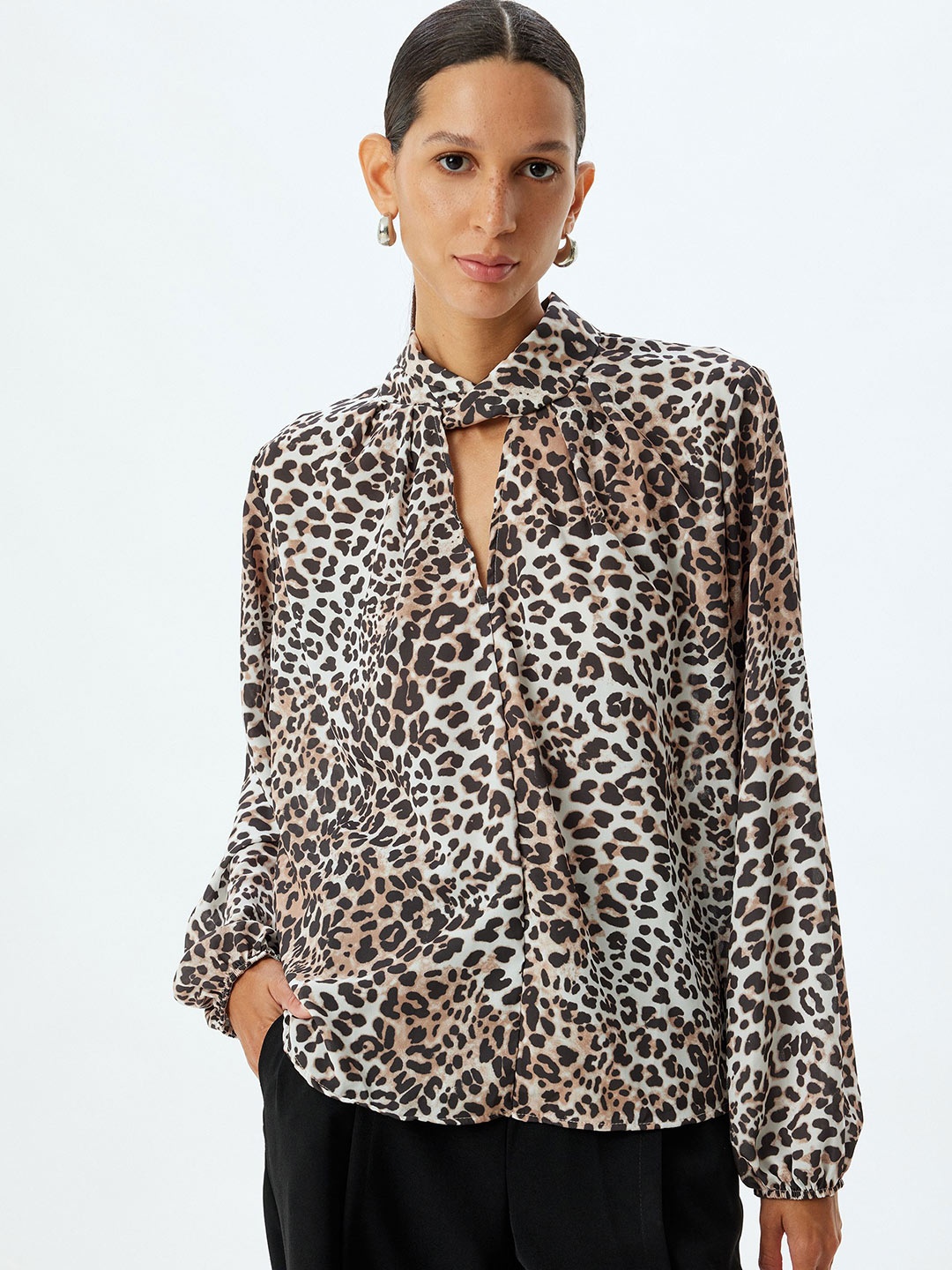 

Koton Women Animal Printed Tie-Up Neck Top, Beige