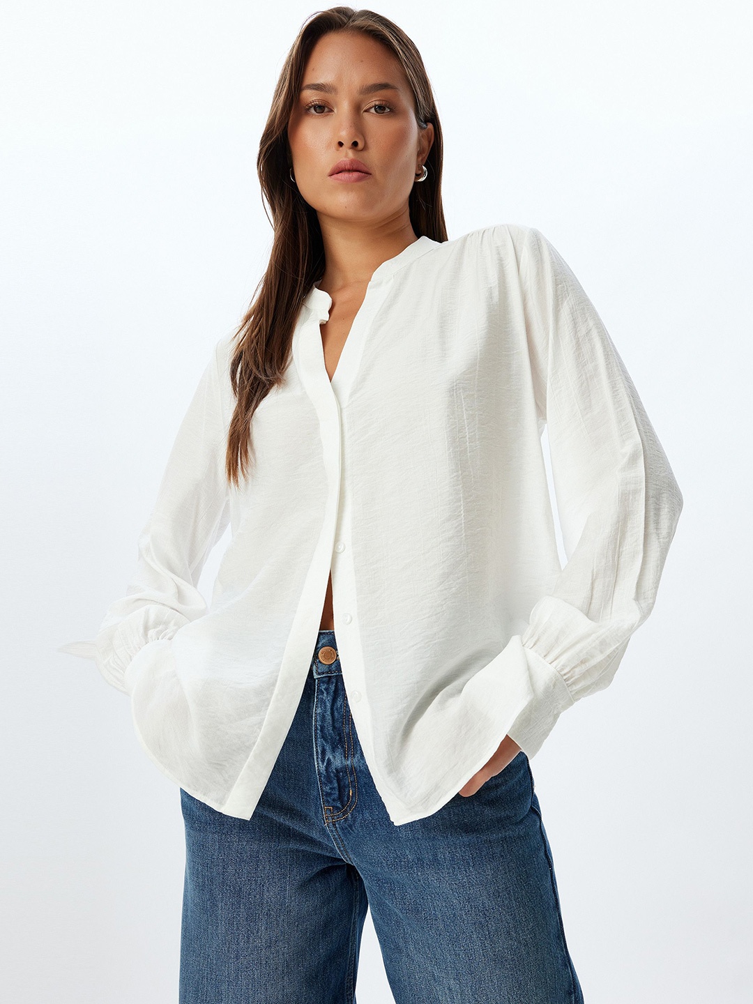 

Koton Women Mandarin Collar Solid Casual Shirt, White