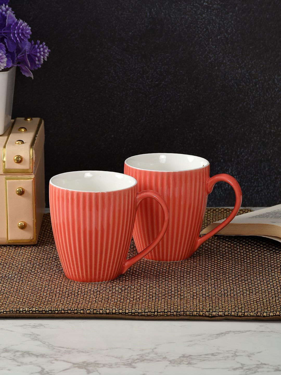 

CLIO'S HERITAGE STORE Peach 2 Pieces Textured Ceramic Glossy Mugs 300ml Each