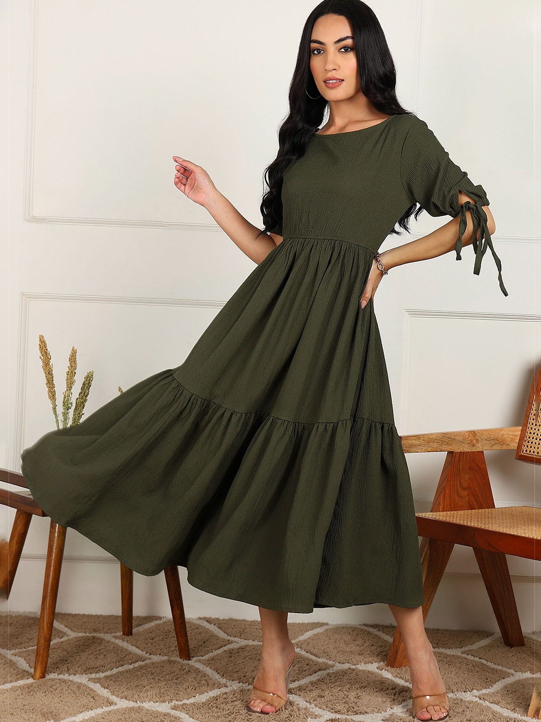 

Fashfun Self Design Tiered Fit & Flare Midi Dress, Olive