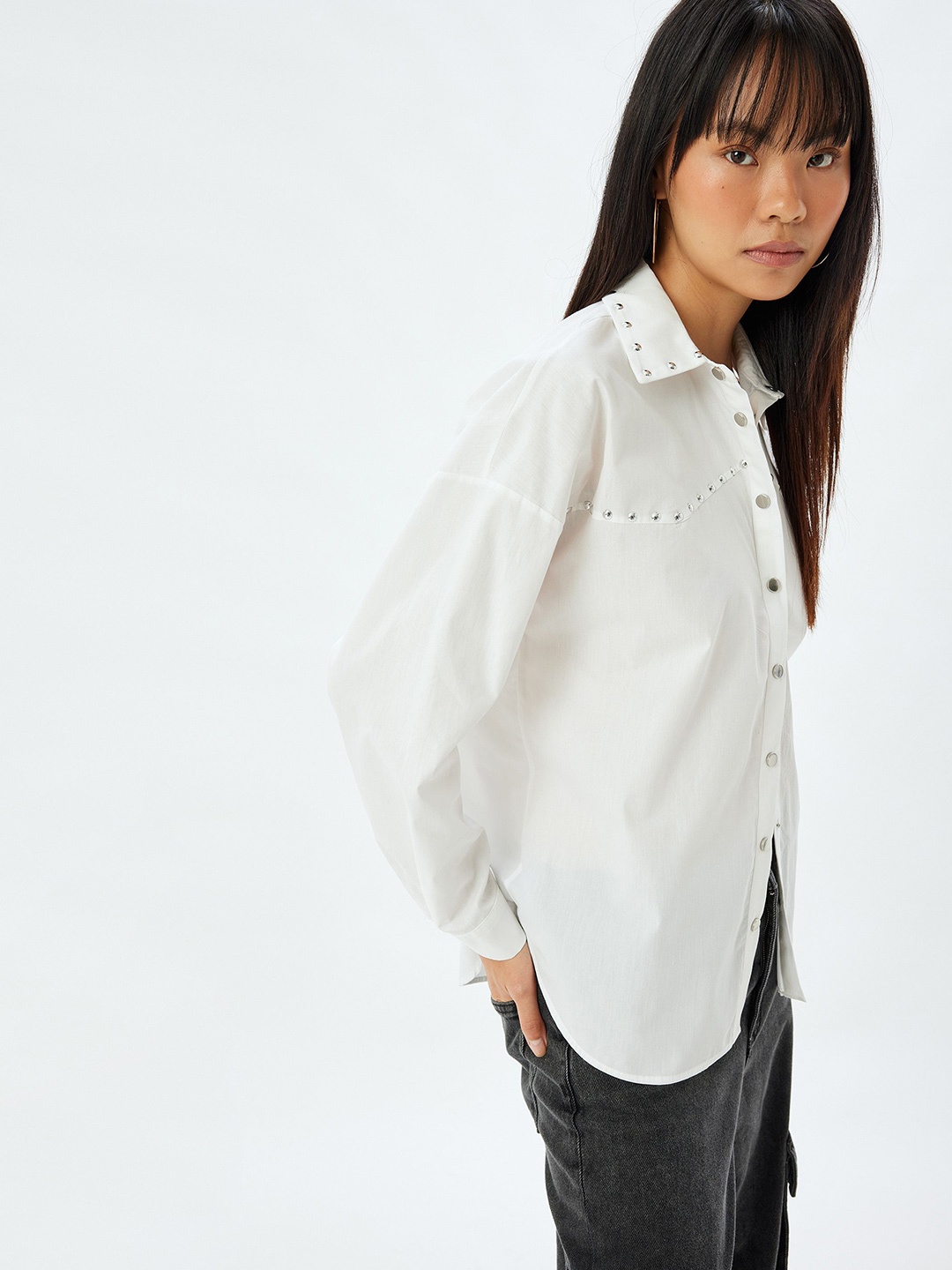 

Koton Women Spread Collar Solid Cotton Casual Shirt, White